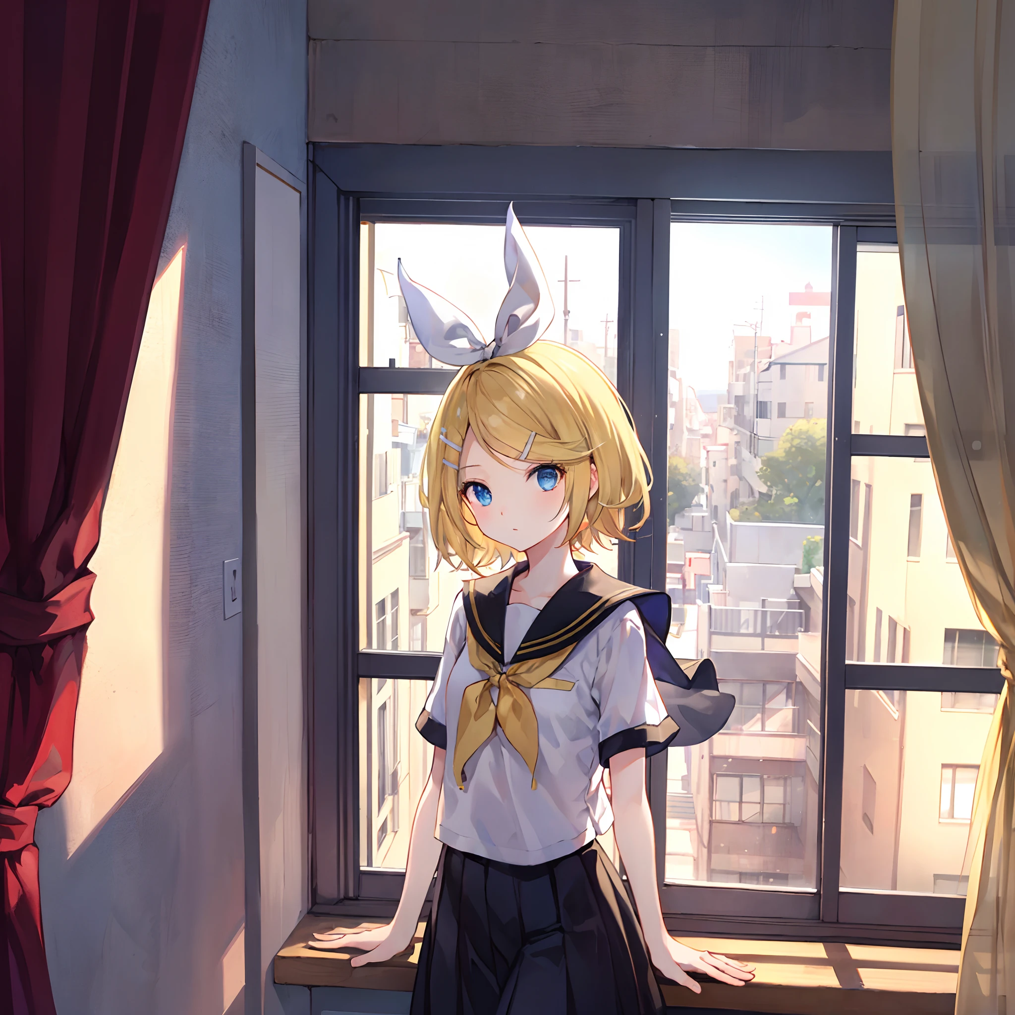 Kagamine Rin , por rubio , coletas 、ojos rojos、Hermosa chica sola、quimono、una minifalda、aula de escuela 、sentado en pupitre , luz de atardecer (entrando por la ventana , cortinas que se mueven un poco con el viento