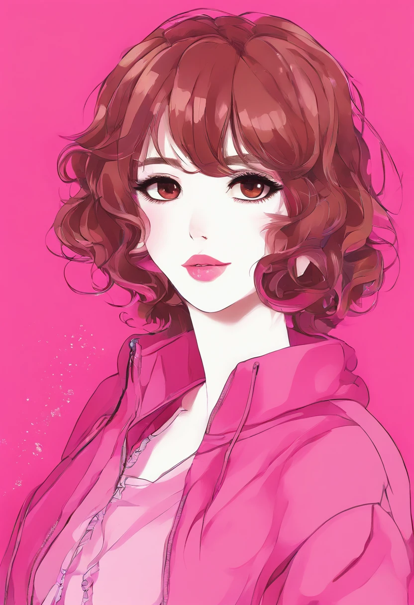 Mujer con corto, brown wavy hair, tez blanca, delgada, brown eyes, 2000s Style Clothing Hot Pink, Chica Bimbo, Hot pink top and pastel pink velvet pants, labios brillantes, sonrisa leve.