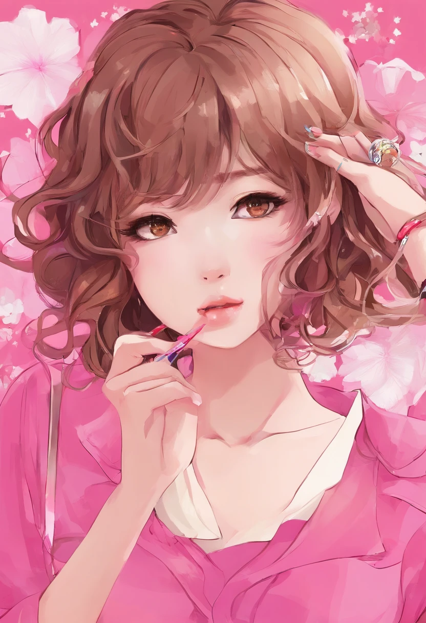 Mujer con corto, brown wavy hair, tez blanca, delgada, brown eyes, 2000s Style Clothing Hot Pink, Chica Bimbo, Hot pink top and pastel pink velvet pants, labios brillantes, sonrisa leve.