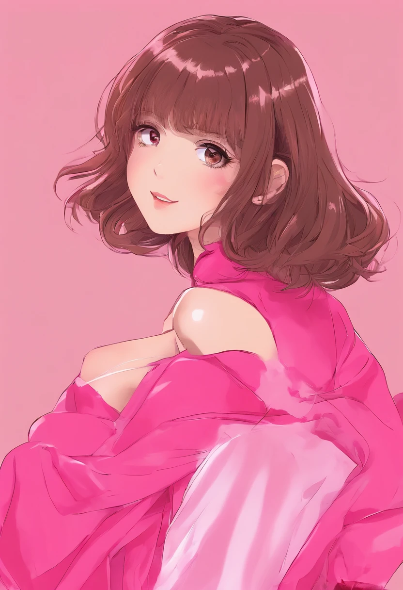 Mujer con corto, brown wavy hair, tez blanca, delgada, brown eyes, 2000s Style Clothing Hot Pink, Chica Bimbo, Hot pink top and pastel pink velvet pants, labios brillantes, sonrisa leve.