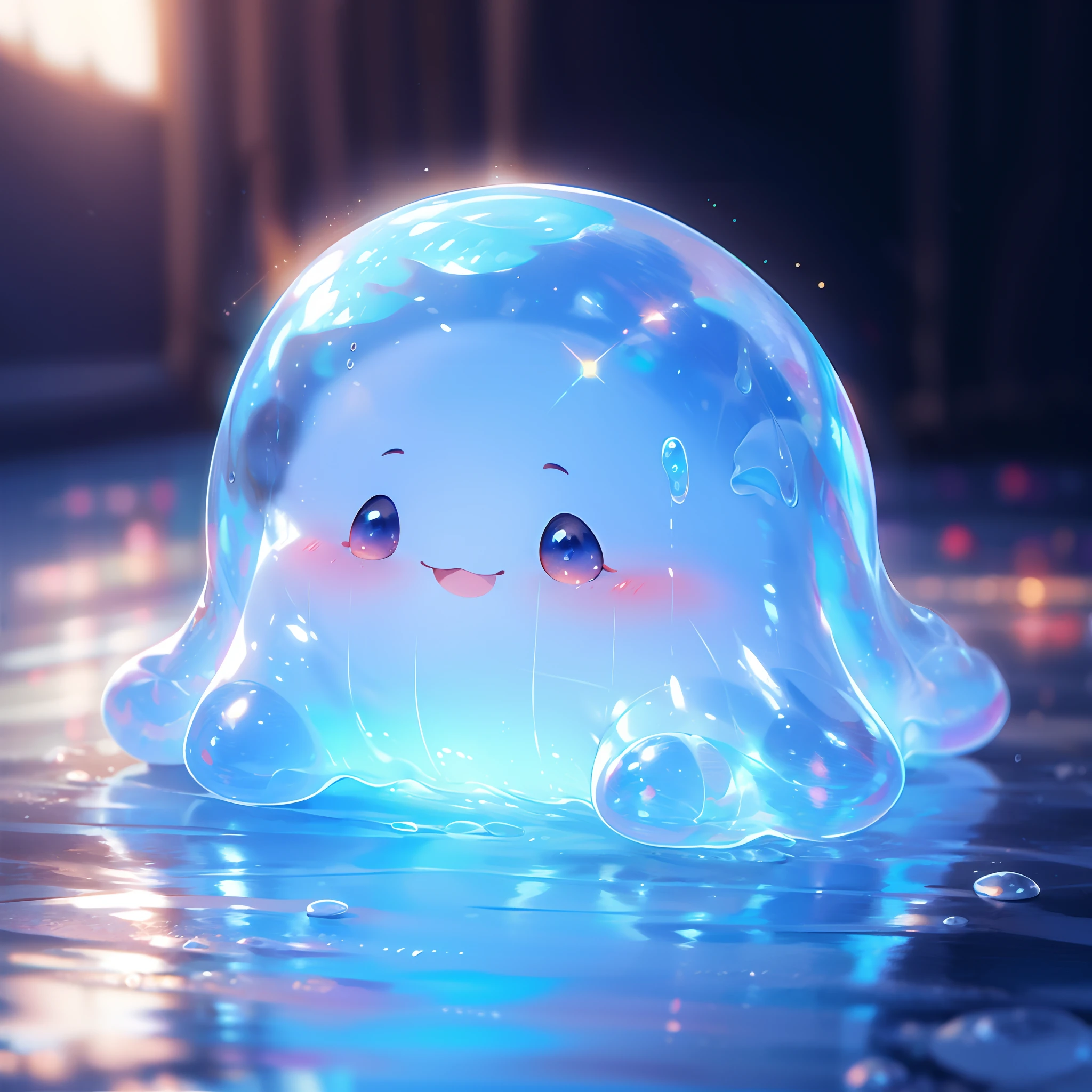 A shiny blue and red slime, cute face,vibrant and translucent texture, slime stretching and squishing, detailed, mesmerizing patterns and swirls, sparkling and reflecting light, satisfying to touch and play with, high-res masterpiece, vivid colors, illuminated with soft studio lighting.