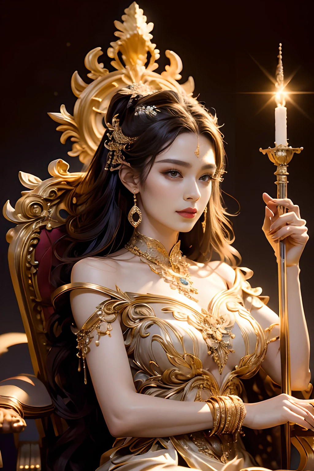 Noble goddess,Scepter in hand,Elegant temperament,mystical ambiance,Best quality、tmasterpiece、A high resolution、1girll、Sheer silk porcelain dress、Nice face、hair adornments、looking at viewer、shift dresses、hair adornments、choker necklace、jewely、long black hair、earring、pretty face、Sit in a golden chair,Ancient mythology、Ancient palaces,Luxurious and detailed background、hentail realism、profesional lighting、edge lit、bicolor lighting、(highdetailskin:1.2)、8K, Ultra HD、Digital SLR、softlighting、high quality,Volumetriclighting,High resolution 4K,blur background,high contrast,largevaperture,automatic white balance,cinematic compositions,realisticlying