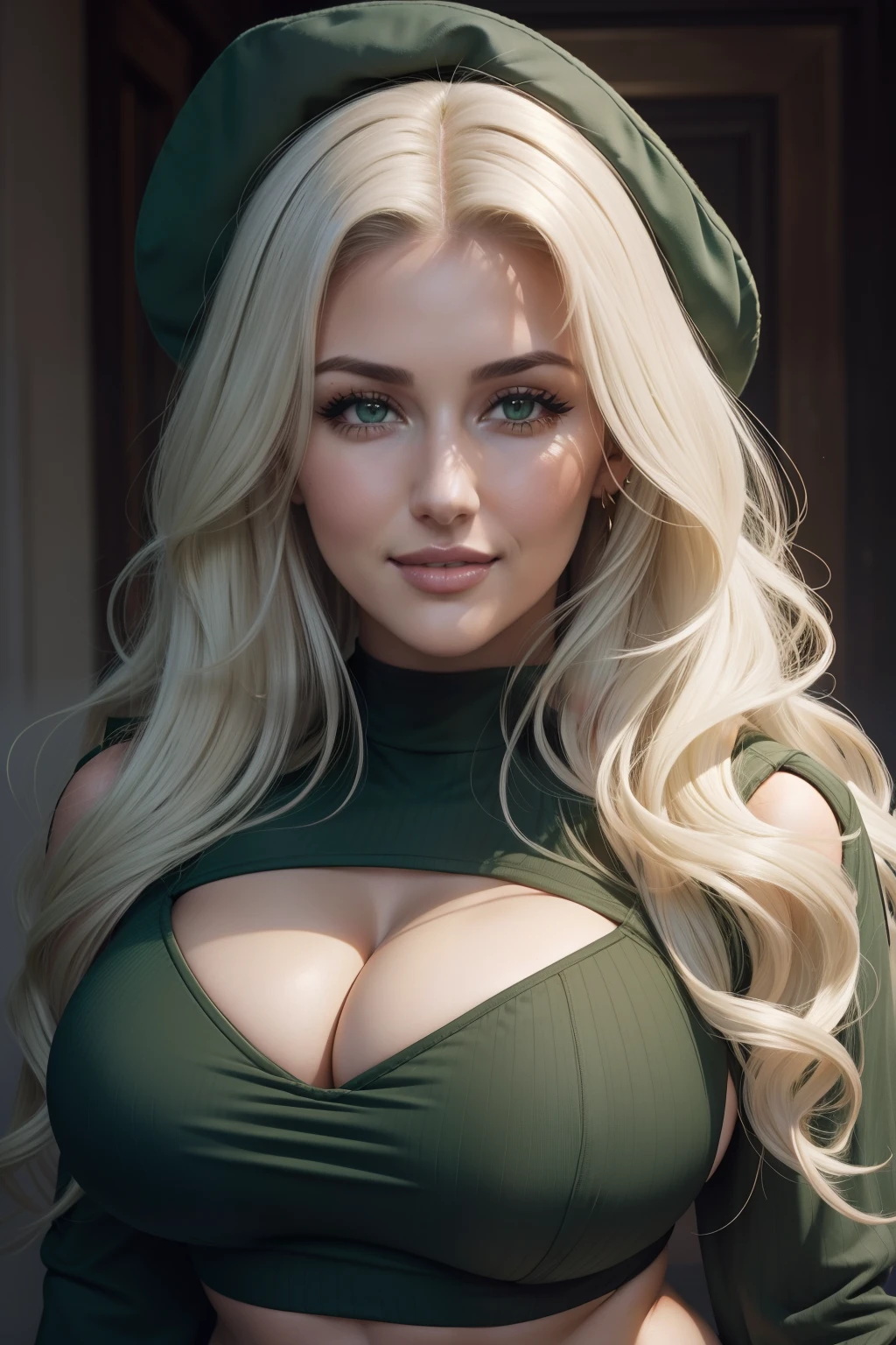 Lucy Pinder, Face portrait, portrait, smiling, platinum hair, Long hair, wavy hair, long sleeve crop top, dark green crop top, neckline, dark green beret, ((Voluptuous Woman)), Anette Michel