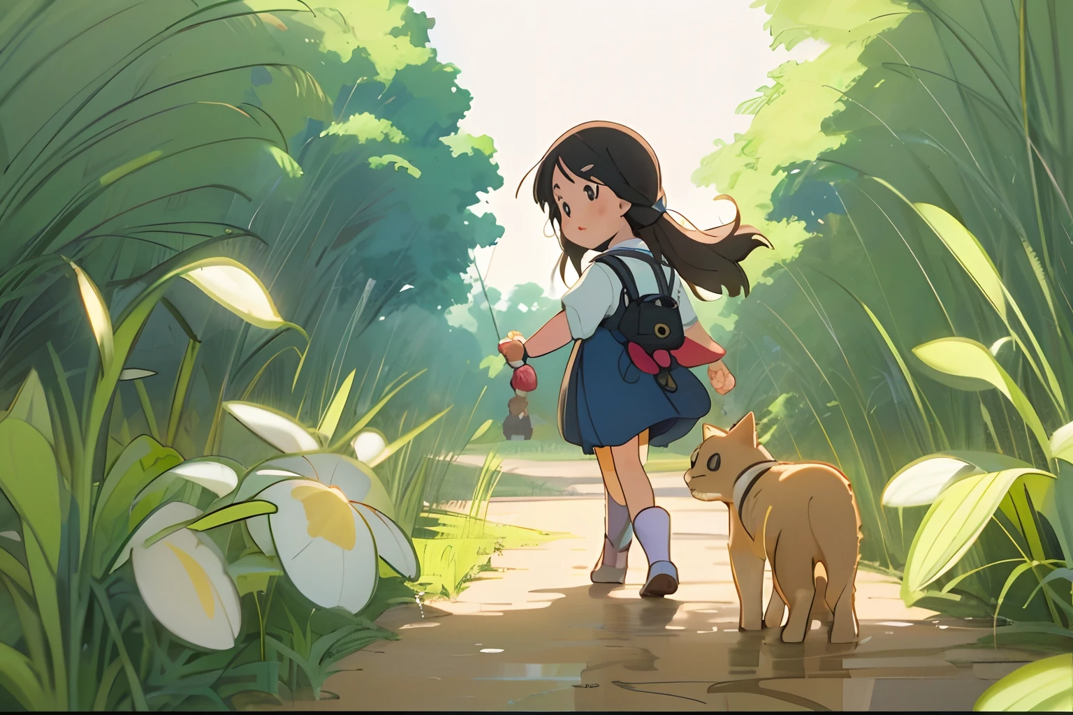 Cute *********** with kitten，Sunnyday，Warm summer，in a rice field，In the bushes，There is a small stream on the left，anime illustrated，outstanding，A wonderful childhood。