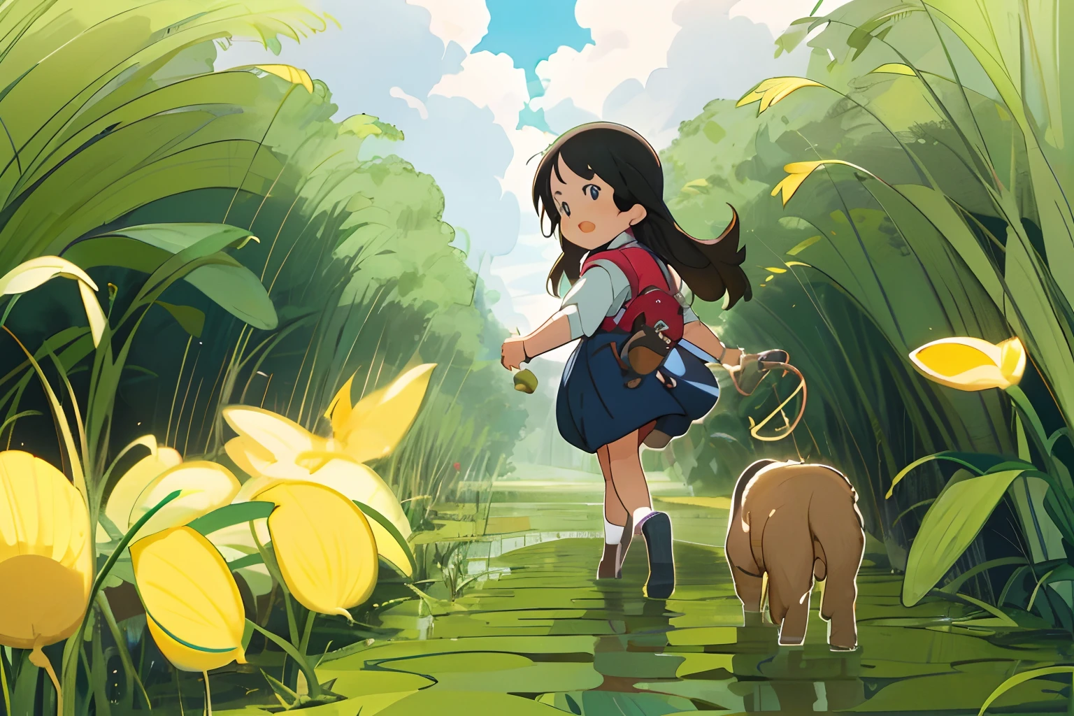 Cute little girl with kitten，Sunnyday，Warm summer，in a rice field，In the bushes，There is a small stream on the left，anime illustrated，outstanding，A wonderful childhood。