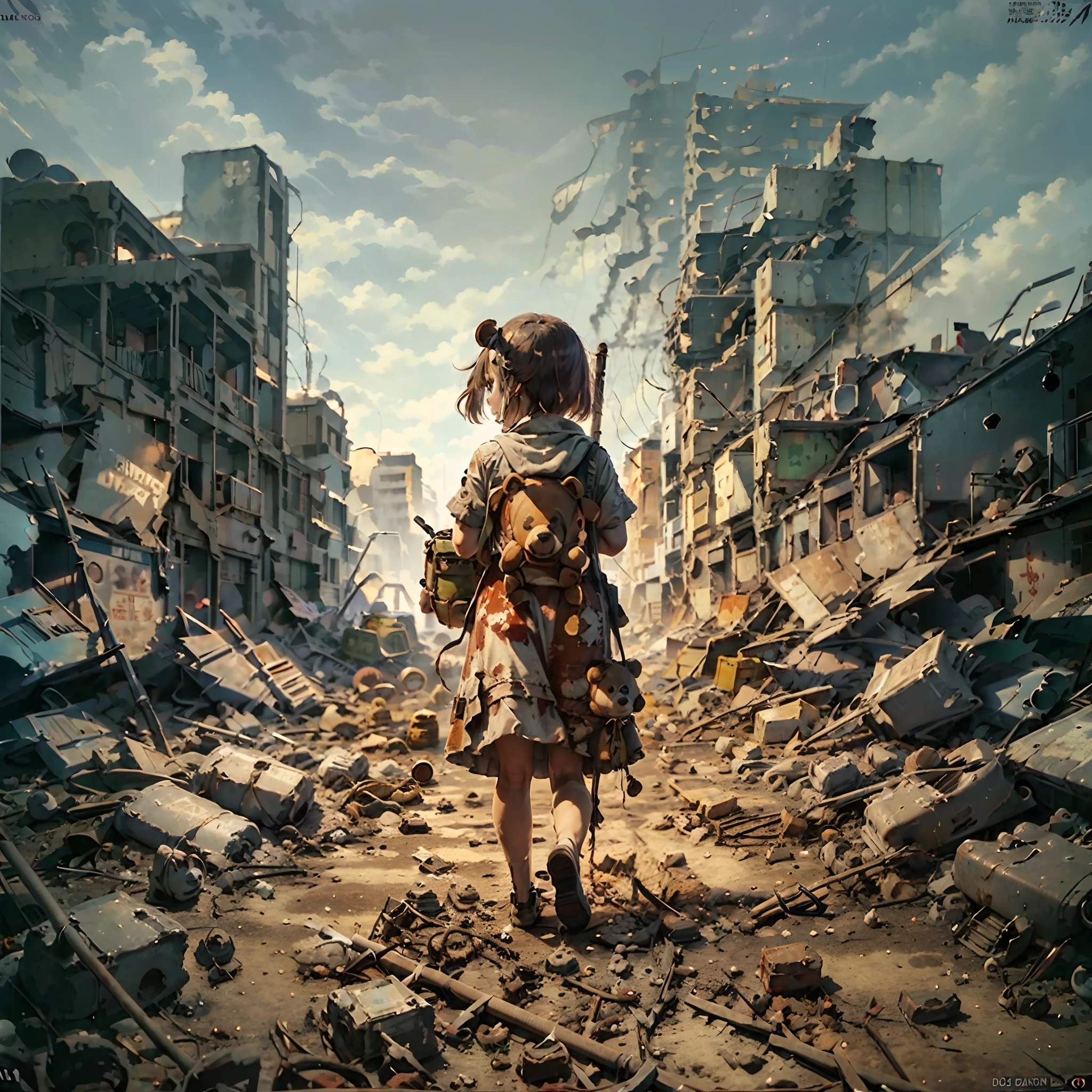 A *********** in a bright big red dress during the war，Carrying the back of a bear doll，Ruins of war，Dog's breakfast。（very wide angle shot，The focus is on the back of the character）The background is a dusty apocalyptic scene