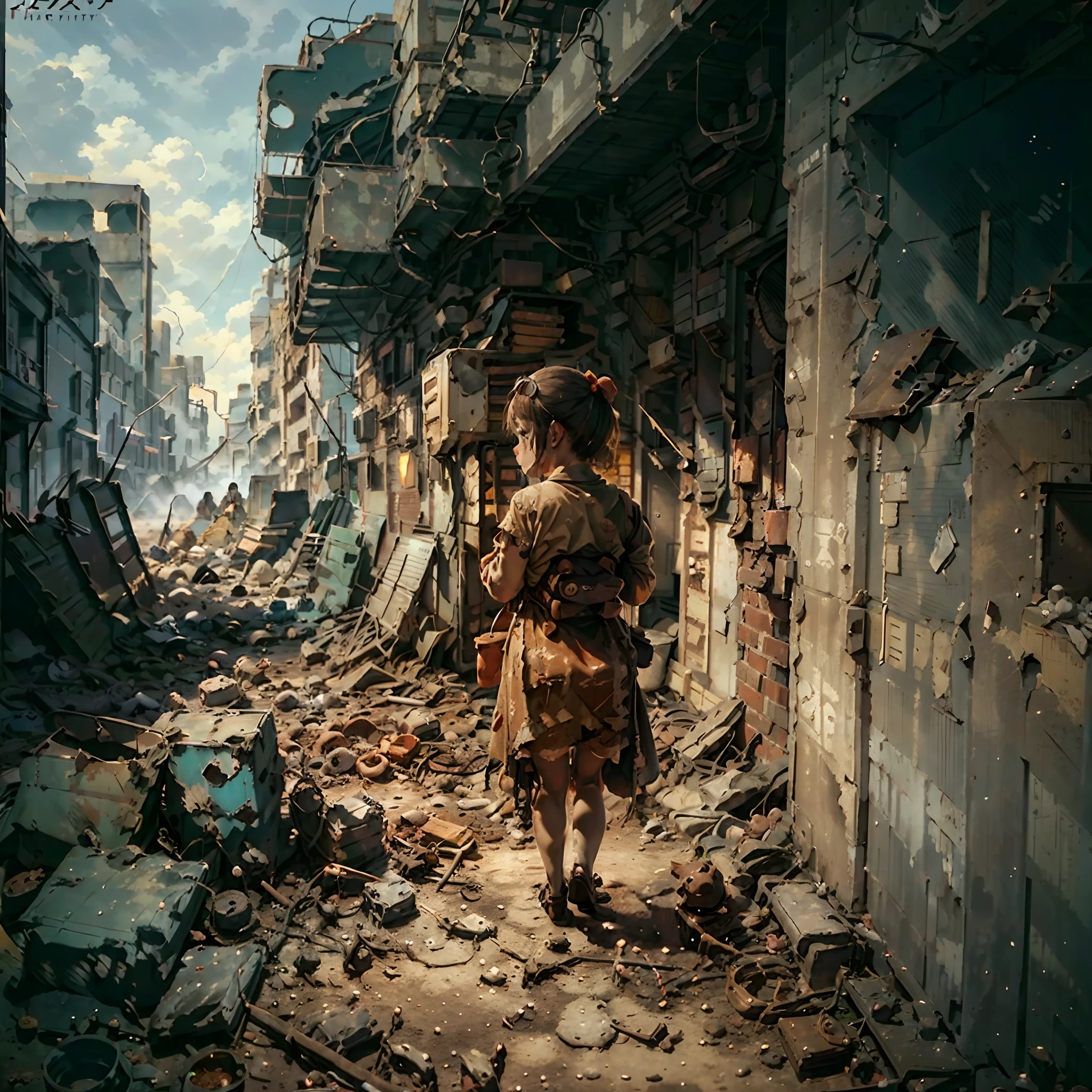 A *********** in a bright big red dress during the war，Carrying the back of a bear doll，Ruins of war，Dog's breakfast。（very wide angle shot，The focus is on the back of the character）The background is a dusty apocalyptic scene