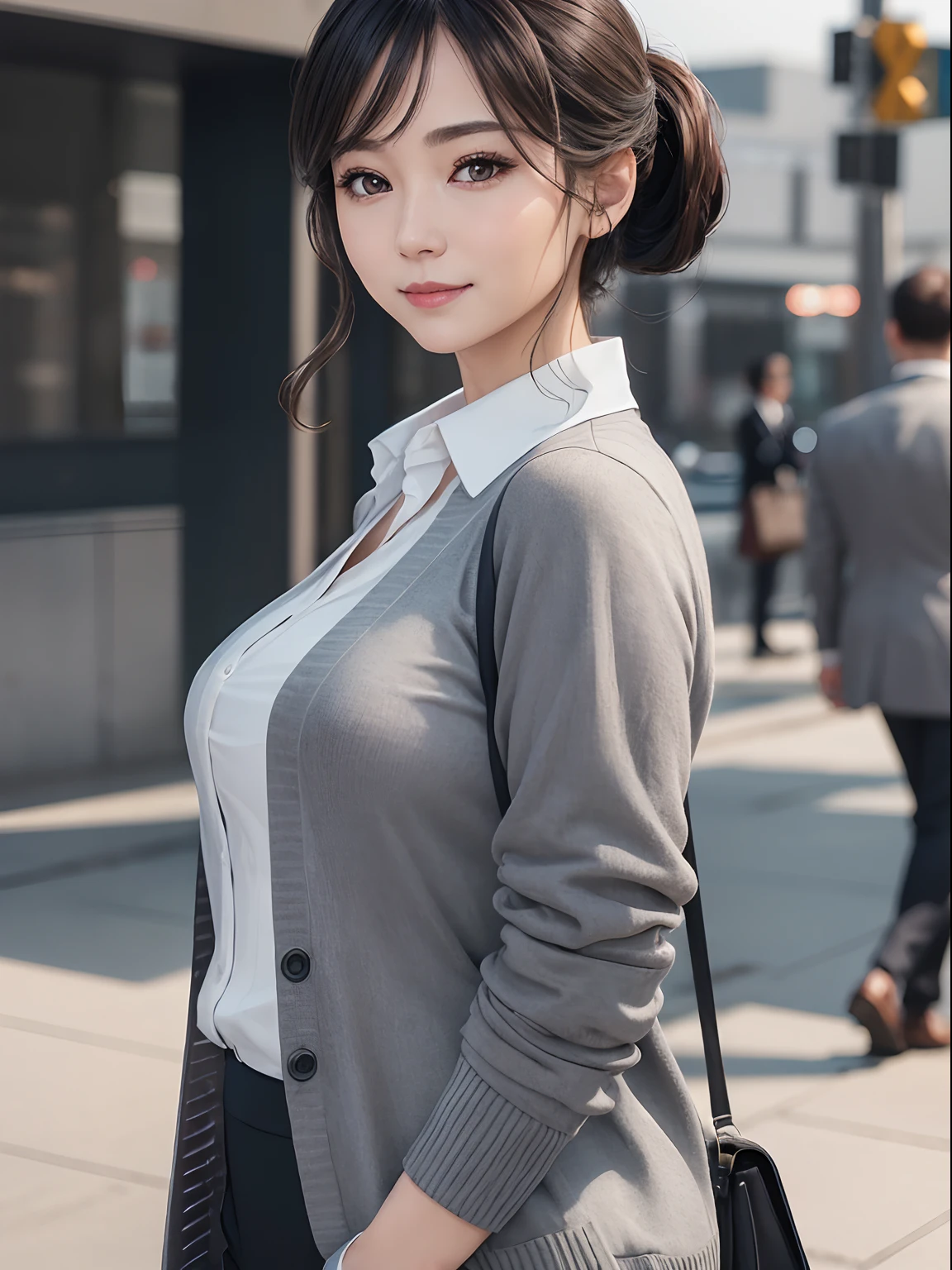 ((Top quality, 8K, Masterpiece: 1.3)), Sharp focus: 1.2, (ultra realistic), (Photoreal), (Increased resolution), (8K), (Extremely detailed), (best photos), (beautifully detailed eyes), (Best Quality), (Ultra detailed), (Masterpiece ), (wall paper), (Detailed face), Solo, one Japanese mature and refined lady, age 36, tall, height 165cm, pureerosfaceace_v1, slender dark eyes, low ponytail, (long gray cardigan), (business shirt with white collar), well-defined healthy curvy body shape, walking in morning station, long charcoal bottoms, half-smile, intimate smile, (looking at viewer), three-quarter shot, Fine details, Detailed face, ultra-fine clothing material, autumn morning, depth of field, dark shadow, detailed face, pureerosfaceace_v1, Ultra-fine makeup, from side, commuter