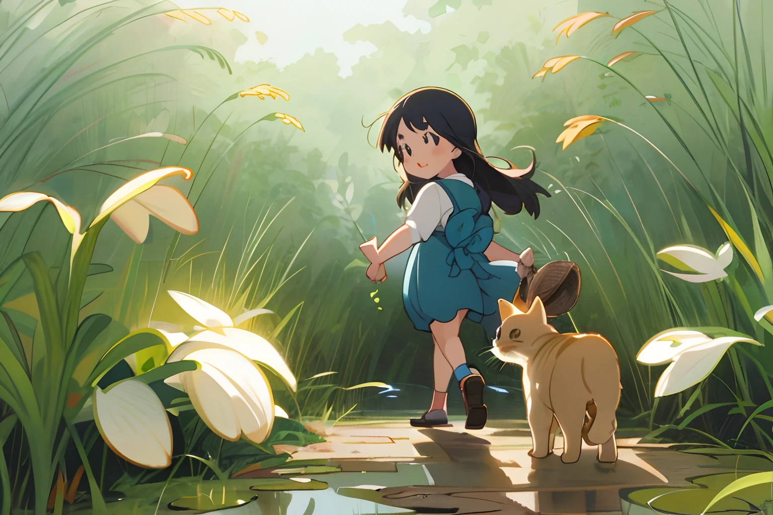 Cute little girl with kitten，Sunnyday，Warm summer，in a rice field，In the bushes，There is a small stream on the left，anime illustrated，outstanding，A wonderful childhood。