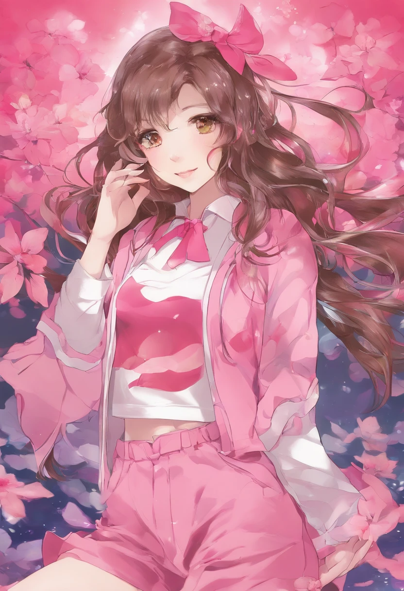 Mujer con corto, brown wavy hair, tez blanca, delgada, brown eyes, 2000s Hot Pink Style Clothing, Chica Bimbo, Top rosa intenso y pantalones de terciopelo rosa pastel, labios brillantes, sonrisa leve. Manga Shohen