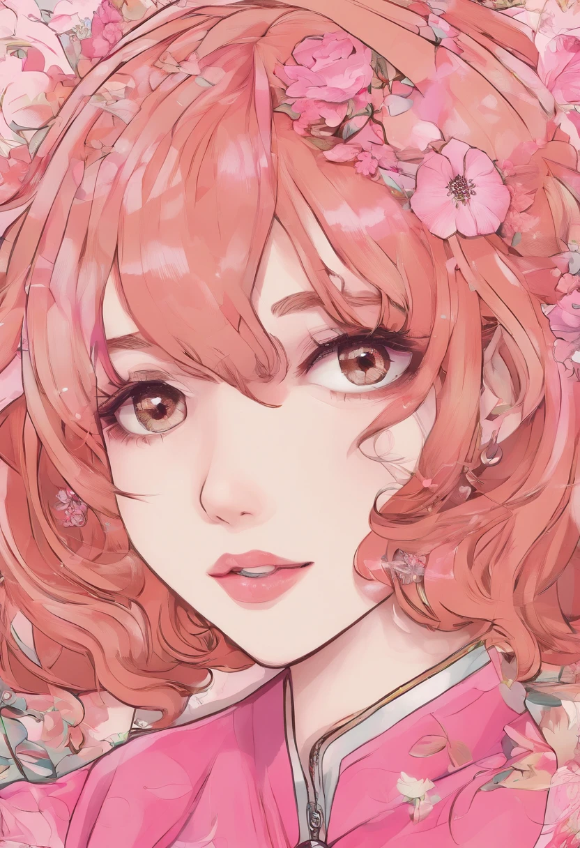 Mujer con corto, brown wavy hair, tez blanca, delgada, brown eyes, 2000s Hot Pink Style Clothing, Chica Bimbo, Top rosa intenso y pantalones de terciopelo rosa pastel, labios brillantes, sonrisa leve. Manga Shohen