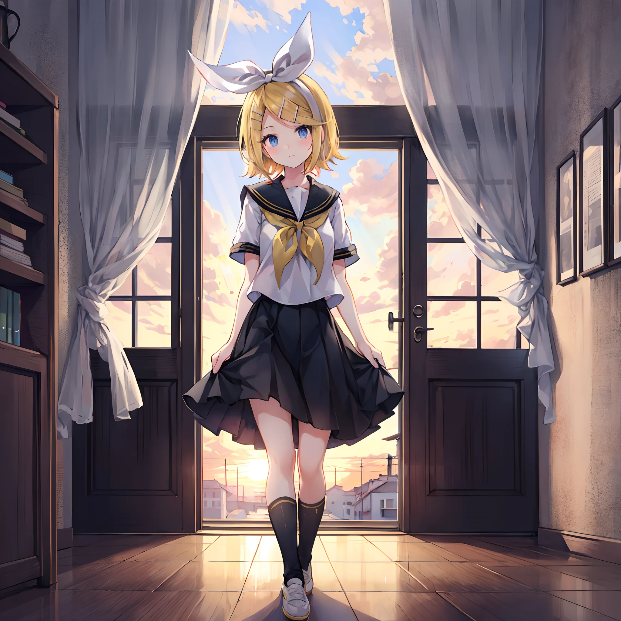 Kagamine Rin , por rubio , coletas 、ojos rojos、Hermosa chica sola、quimono、una minifalda、aula de escuela 、sentado en pupitre , luz de atardecer (entrando por la ventana , cortinas que se mueven un poco con el viento