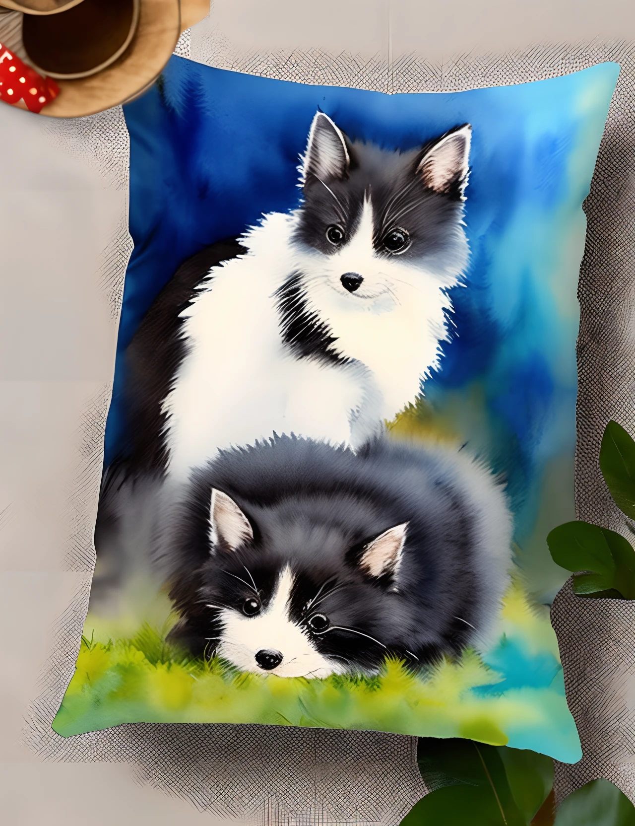 Small animals、critters、Blue hair、fluffly、simple backgroung、fundo vermelho、Picture book style、watercolor paiting、hugging pillow