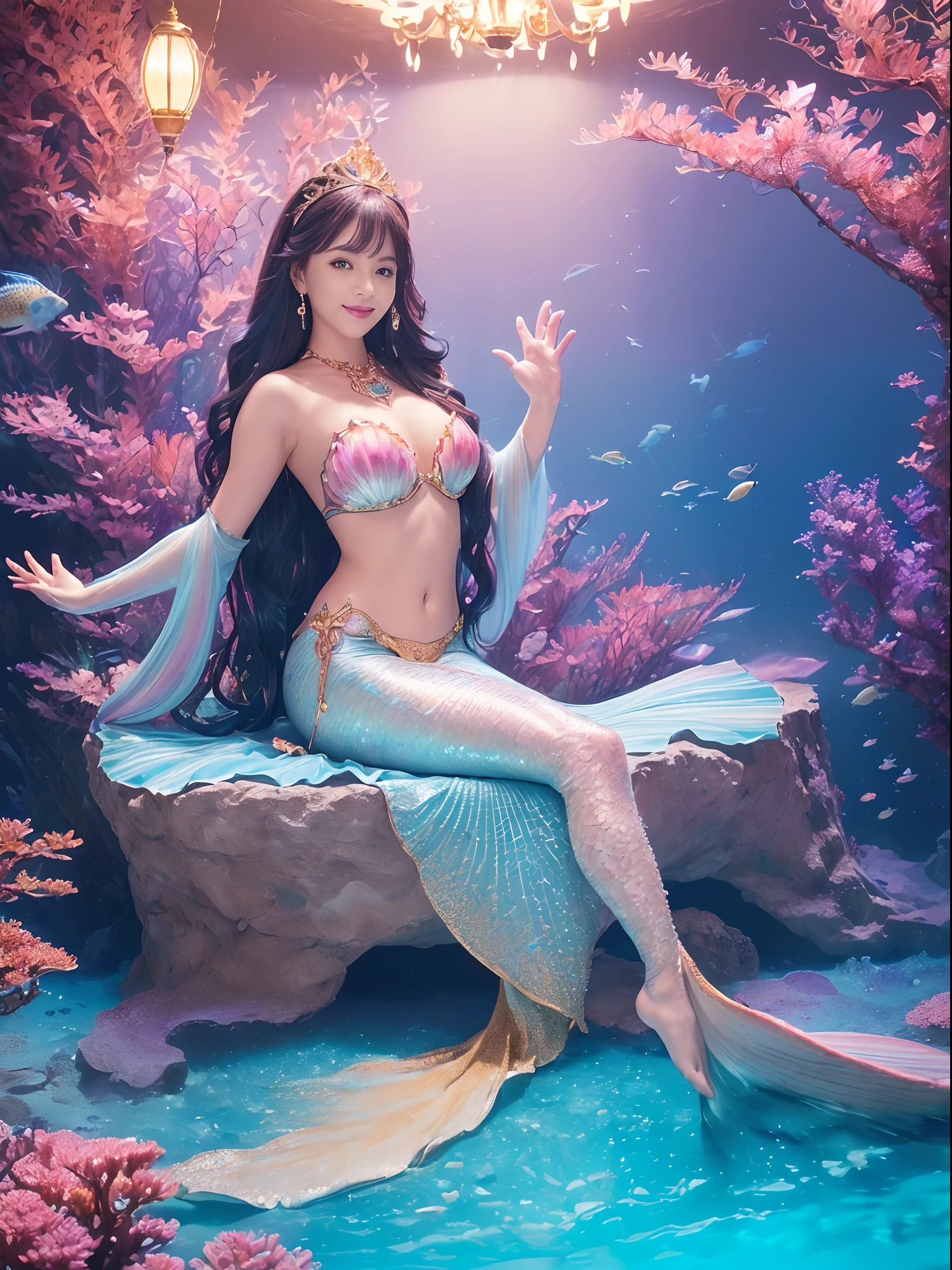 ((Photorealistic Little Mermaid,Mermaid tail,Arms are down,Light blue and pink scales encrusted with gold,,Light blue and pink glowing scales,A dark-haired,beautiful scaled tail,Sitting in a fantastic and special bed,Mermaid sitting on bed,Looking at the camera,Big smile,Shot from up close,Also photographed tail)),(((((The wall of the room is a water tank.,Arched walls,There are two water tanks.,Rooms surrounded by aquariums,Everything on the wall is a water tank,Large aquarium,Fish swim in an aquarium,Sewage tank.,The floor is a huge aquarium,The wall is a huge aquarium,Complex and fine aquarium delineation,Detailed depiction of the aquarium,Richly decorated aquarium,aquariums,Beautiful fish swim in an aquarium))))),(((A space based on emerald blue, Her room is richly decorated,Lots of beautiful corals and shells in the room,Wonderful decorative bed))),(White teeth,Perfect gas chamber,A big smile staring at the camera,Mermaid tail,japanes,waved hair),((with an intricate, Finely shining scales,Full Body Jewelry Decoration,The Most Gorgeous Princess Costume,The most gorgeous decoration,Intricate jewels all over her body,de pele branca,fair glowing skin,Detailed her face,Glowing scales,Very finely drawn scales,Giant Tiara,)),((Crisp and detailed background,The whole room is fantastically decorated,Everything is a fantastic and glittering background,)),((Top image quality,8K,Photos taken with a single-lens reflex camera))