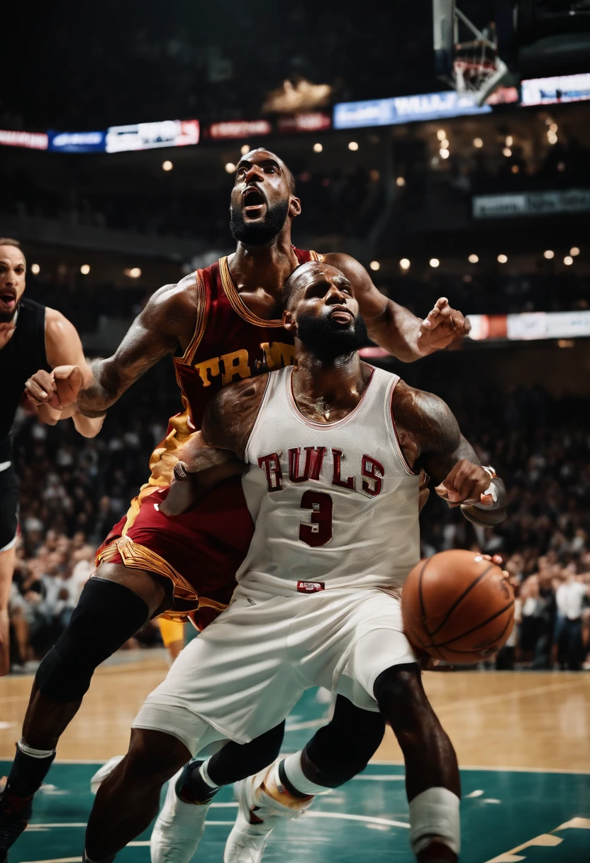 (best quality, highres, realistic:1.37) Donald Trump dunking on Lebron James, basketball court, intense competition, powerful movement, intense expressions, vibrant colors, dynamic lighting, fast-paced action, celebrity rivalry, sports drama, dramatic angle, cheering crowd, fierce competition, victory celebration, intense athleticism, iconic moment, energetic atmosphere, competitive spirit, skillful performance, intense confrontation, historic clash, high-flying dunk, athletic prowess, passionate fans, professional basketball, challenging opponent, record-breaking achievement, photographic realism, precision and accuracy, iconic basketball players, inspirational moment, adrenaline rush, exceptional skill, legendary showdown, sensational play, triumph and glory.