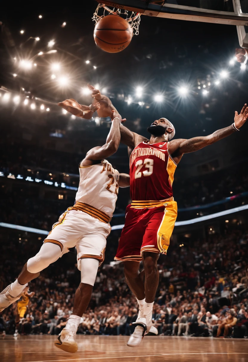 (best quality, highres, realistic:1.37) Donald Trump dunking on Lebron James, basketball court, intense competition, powerful movement, intense expressions, vibrant colors, dynamic lighting, fast-paced action, celebrity rivalry, sports drama, dramatic angle, cheering crowd, fierce competition, victory celebration, intense athleticism, iconic moment, energetic atmosphere, competitive spirit, skillful performance, intense confrontation, historic clash, high-flying dunk, athletic prowess, passionate fans, professional basketball, challenging opponent, record-breaking achievement, photographic realism, precision and accuracy, iconic basketball players, inspirational moment, adrenaline rush, exceptional skill, legendary showdown, sensational play, triumph and glory.