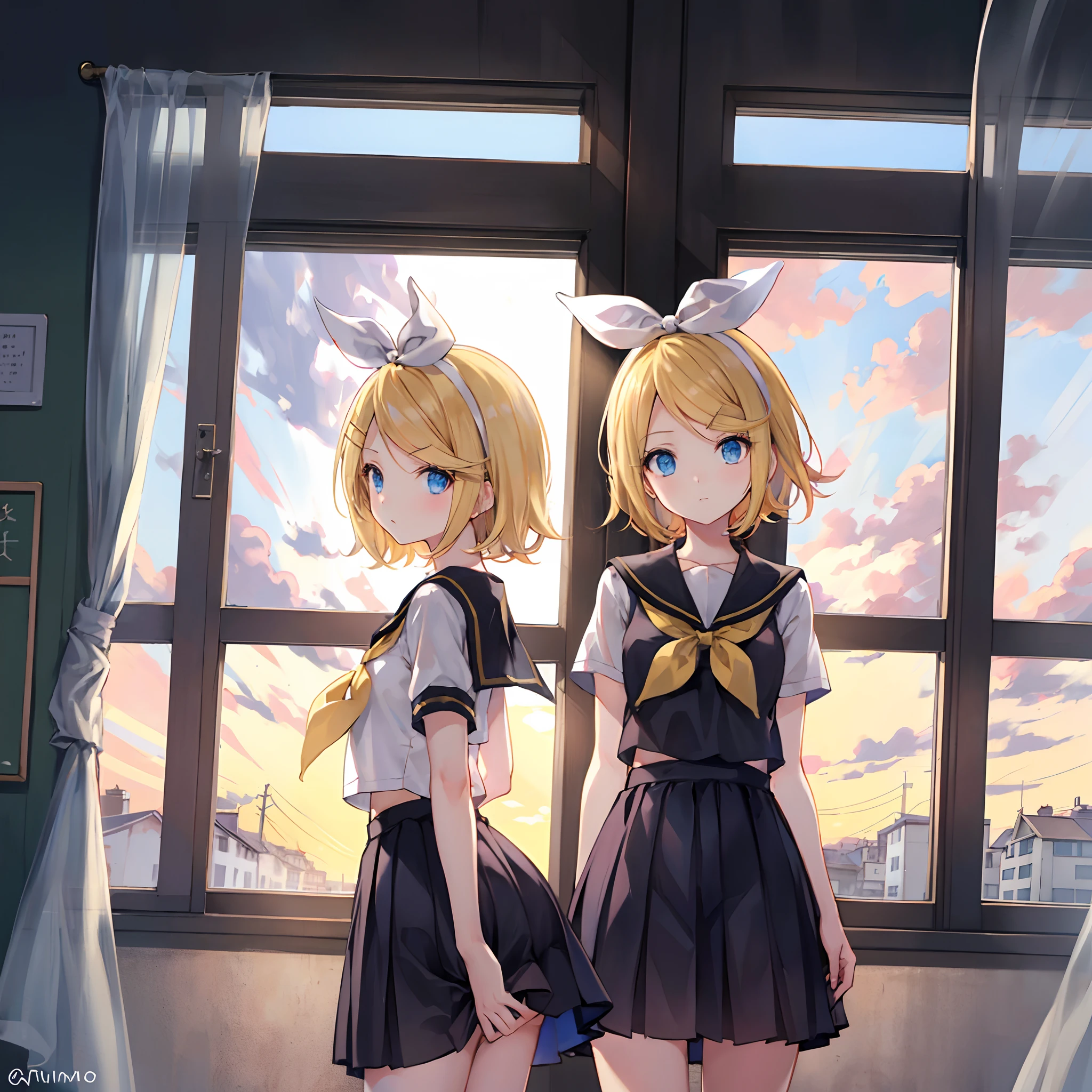 Kagamine Rin , por rubio , coletas 、ojos rojos、Hermosa chica sola、quimono、una minifalda、aula de escuela 、sentado en pupitre , luz de atardecer (entrando por la ventana , cortinas que se mueven un poco con el viento