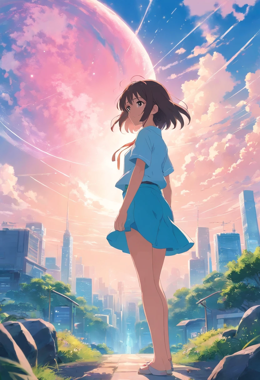 A girl in the middle of a world where pale and beautiful light blue and light pink color are mixed
