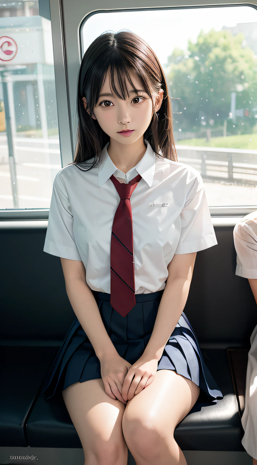 (masterpiece, highest quality:1.2), 8K, 18-year-old, 85mm, official art, RAW photo, embarrassing, Please take off half of your white shirt, upper body full nude, Biolace,Transcendently beautiful face、 gardenia, beautiful girl, school uniform, (navy pleated skirt:1.1), cinch waist, thighs, short sleeve, Standing in the car, looking at the viewer, no makeup, (smile:0.4), film grain, chromatic aberration, sharp focus, face light, clear lighting, Ten generations, detailed face, background bokeh, (Dark red tie:1.1)