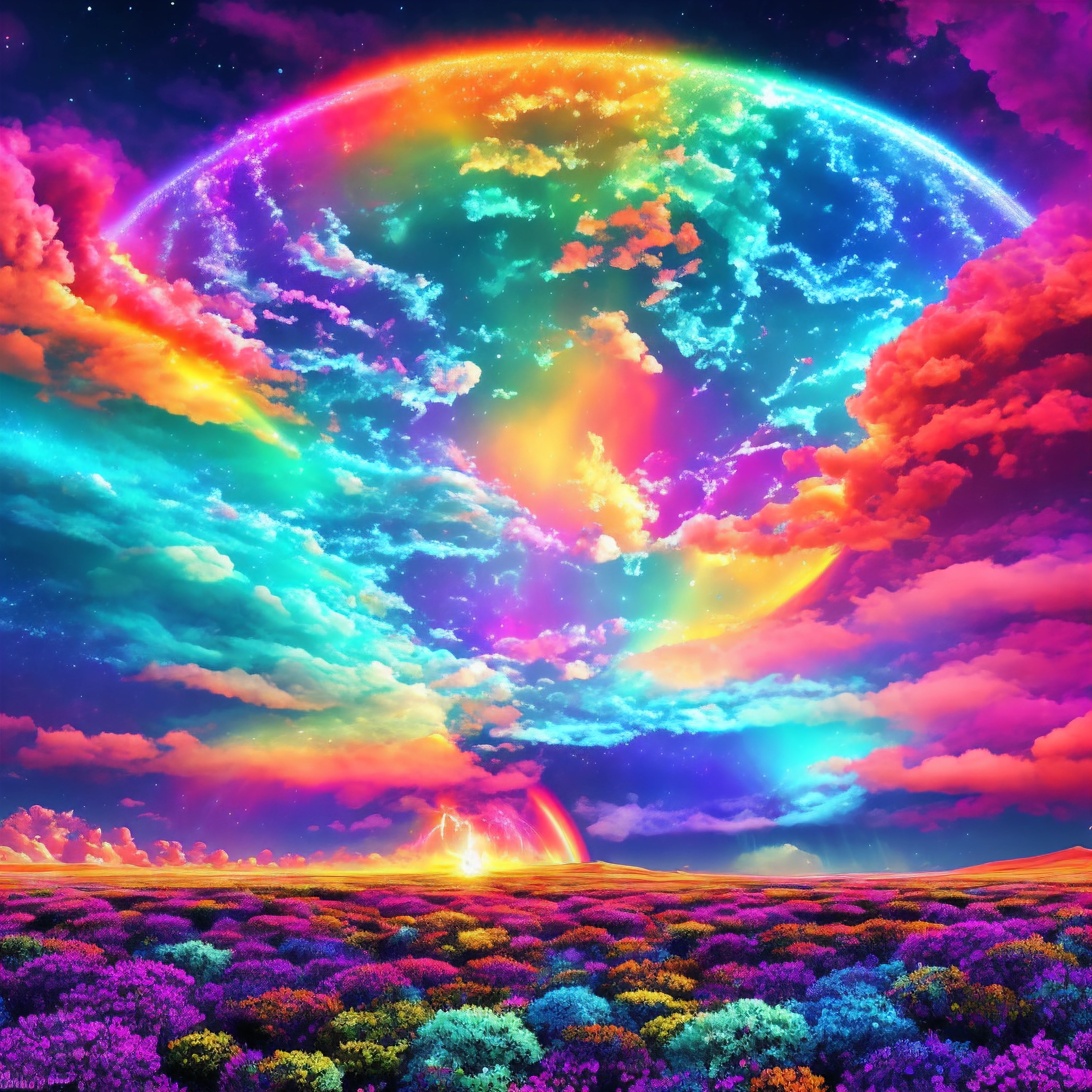 The shockwave rattled windows for miles as a mushroom cloud of pure color blossomed over the landscape. It was as though a rainbow had detonated into a kaleidoscopic fireball, its psychedelic shockwaves rippling outward.

Blazing crimson at the core gave way to rings of burning orange, neon yellow, and lime green, each hue more vibrant than the last. The outer atmospheres of the explosion transitioned into shimmering aquamarine, searing violet, and finally a frequency-bending ultraviolet.

As the rainbow detonation expanded, it left behind swirling eddies of color and trails of mist that seemed to vibrate with energy. Prismatic light refracted through these whorls, casting trippy patterns on the ground that dazzled the eye.

Every color perceptible to the human eye was represented in this mystifying blast, yet some hues seemed to pulse from an unknown spectrum. Witnesses stared opened-mouthed, their senses overwhelmed by the intensity of the living rainbow fireburst.

The otherworldly sight seared itself into the mind's eye, even after one looked away. Awestruck observers had the sense they had glimpsed into another dimension or the birth of a new cosmos defined by different physics.

Though the rainbow mushroom cloud dissipated as quickly as it appeared, everything it touched was left imprinted with a faint shimmering aura, as though the landscape itself had been irradiated with pure color and light. A reminder of the mind and reality bending forces that had been briefly unleashed.
