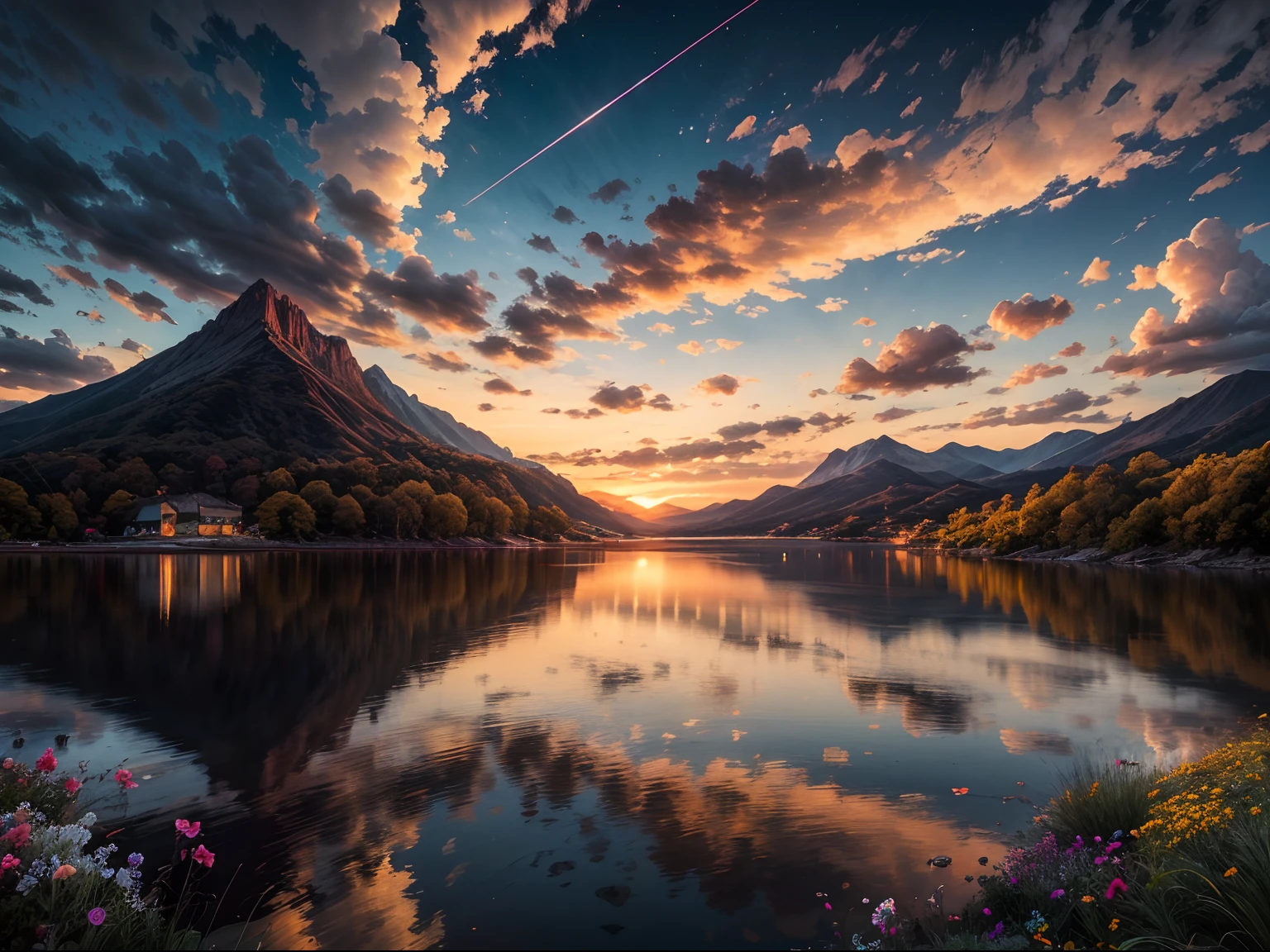 There is a beautiful sunset, the hillside is covered with flowers and plants, the flowers are up close, the colorful sky, the surreal colors, the colorful sunsets, the colorful sky, the marvelous sky reflection, the amazing sky, the fantastic atmosphere 8K, the colorful clouds, the color reflection on the lake, the surreal sky, the red and blue reflection, the fire reflection, the beautiful sky, the beautiful and spectacular dusk, the beautiful dream landscape, the amazing sky