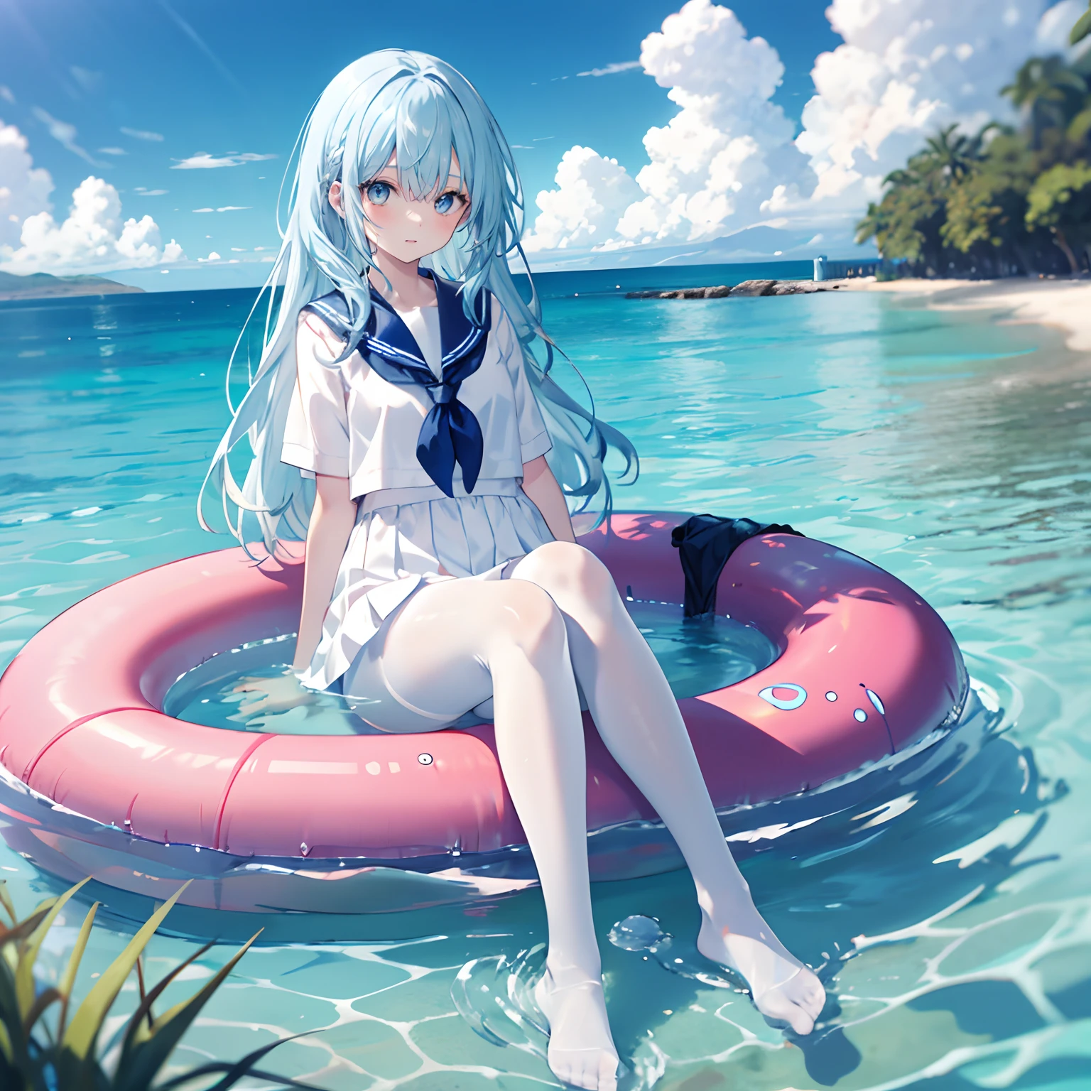 Pale blue hair,By bangs,long whitr hair,eyes blue,By bangs,s girl,a sailor suit,White silk pantyhose,There are no shoes on the feet,All body,Sit on a swimming ring,Lie in the water,Blue sky by the sea in the background