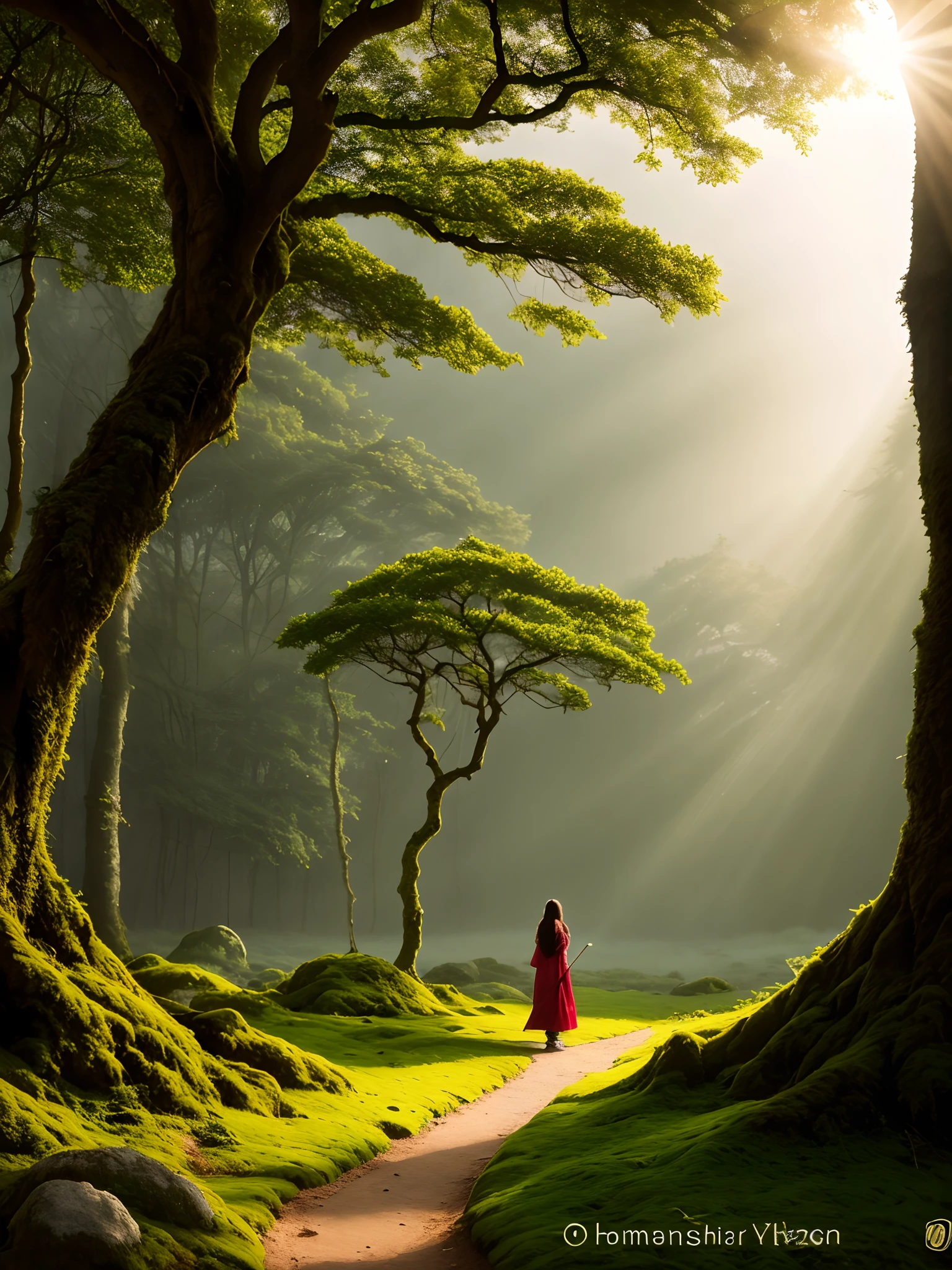 (best quality,4k,8k,highres,masterpiece:1.2),ultra-detailed,physically-based rendering,professional,strong druid,bearded Indian man,wearing golden big crown,wrinkled face,powerful muscles,joint hands,wise eyes,dark blue robe,holding a staff,magical runes,ancient tree in the background,misty forest,soft sunlight filtering through the trees,enchanted atmosphere,mythical creatures in the distance,moss-covered stones,serene and tranquil,color palette with earthy tones,subtle green and brown shades,calm and mysterious lighting,harmonious blend of warmth and coolness,hinduism, hindu style, indian style