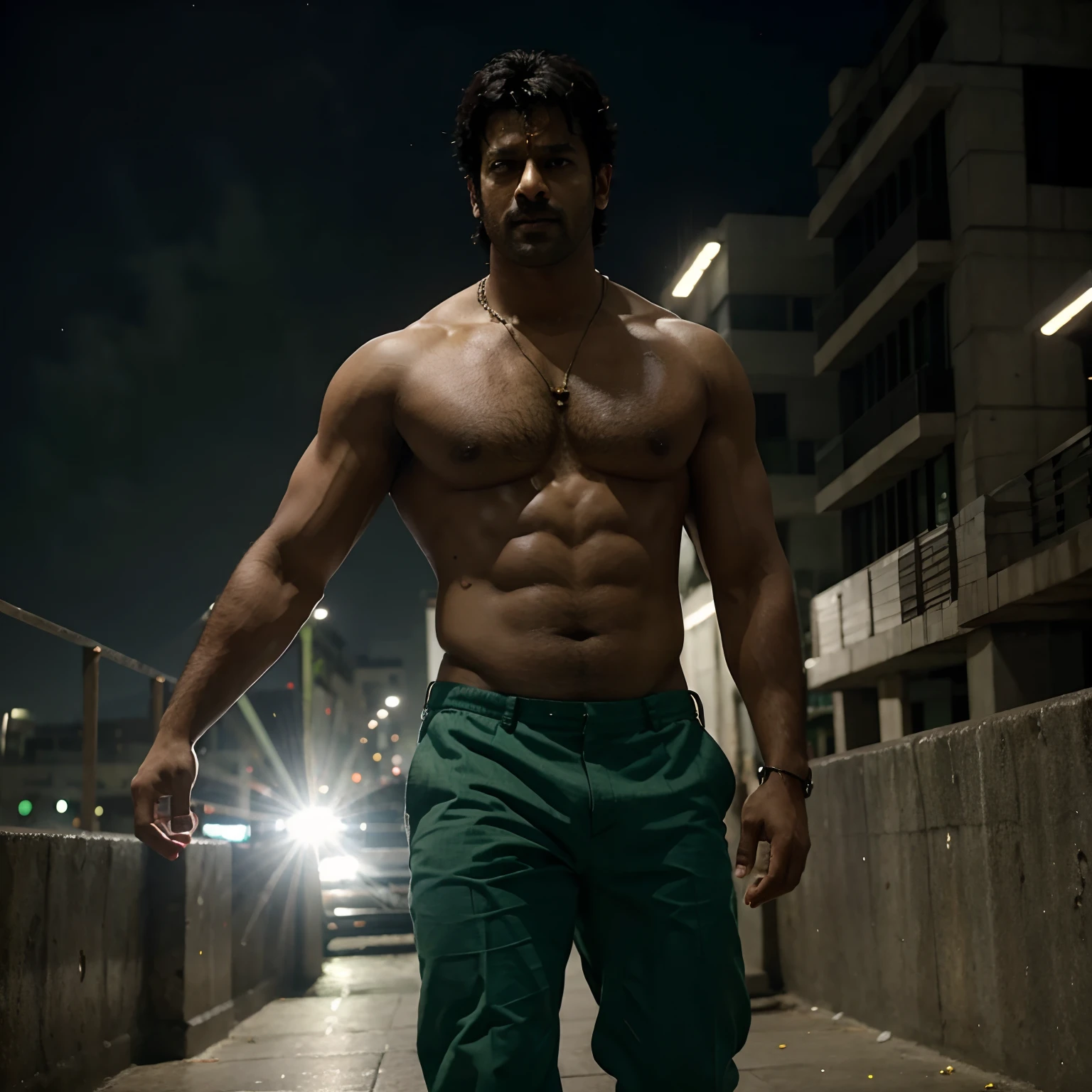 Prabhas has eight pack body and background green light effect