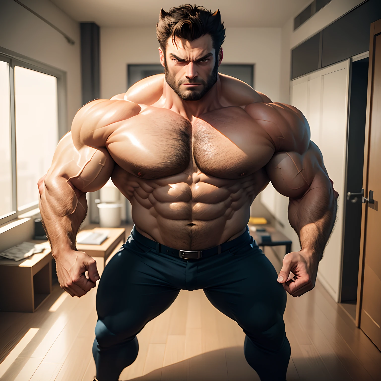 Wolverine muscled hairy with huge torso , huge pecs , huge arms , as businessman, full body