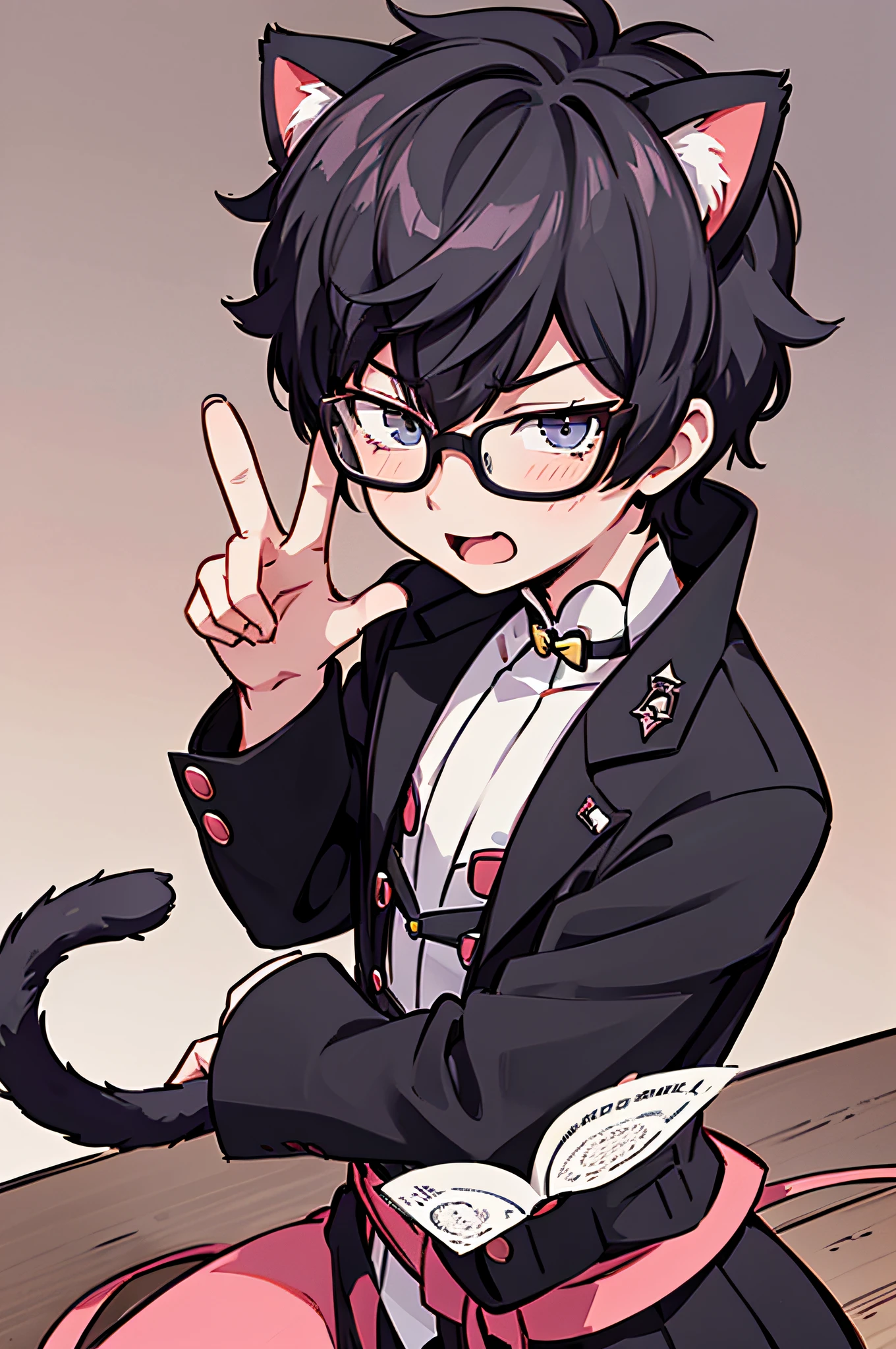 1 boy, male, smug face, cat ears, cat tail, cat outift, Ren Amamiya, glasses, smug pose, (masterpiece), best quality, expressive eyes, perfect face, smug, open mouth, Full Color, Detail, 8K, 4K, High Resolution, Symmetrical, Extraordinary, Best Aesthetics, black clothes