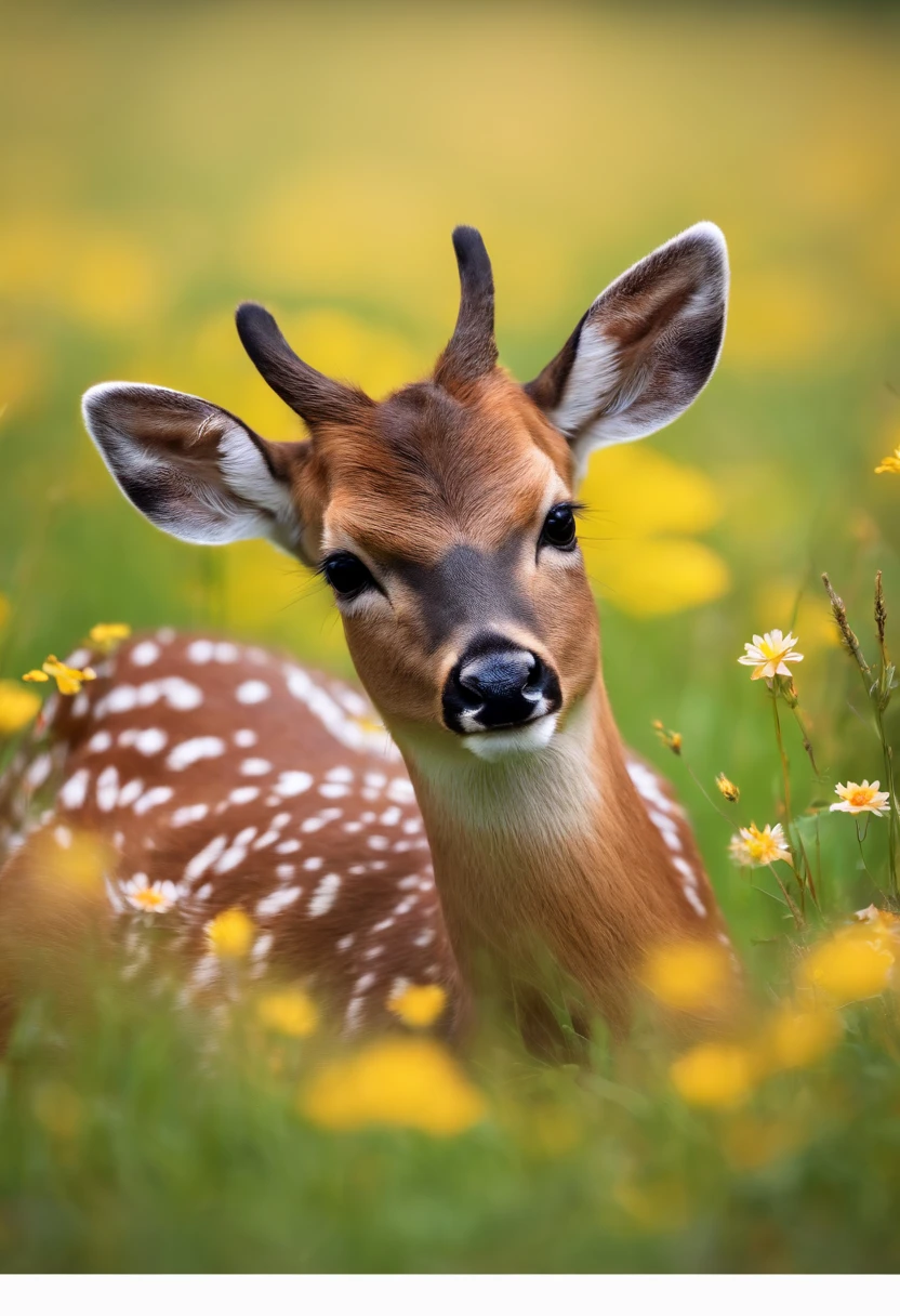 A cute little sika deer is lying on the grass full of flowers, looking to the left