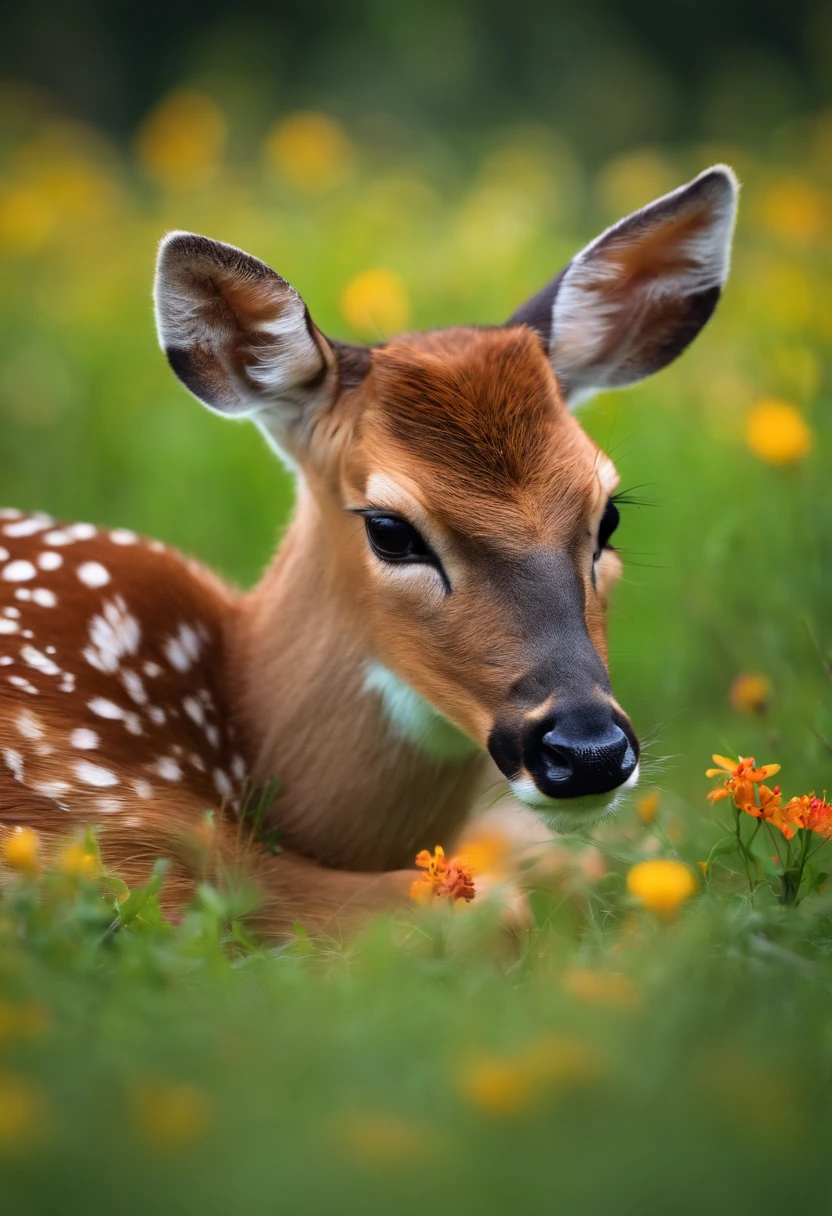 A cute little sika deer is lying on the grass full of flowers, looking to the left