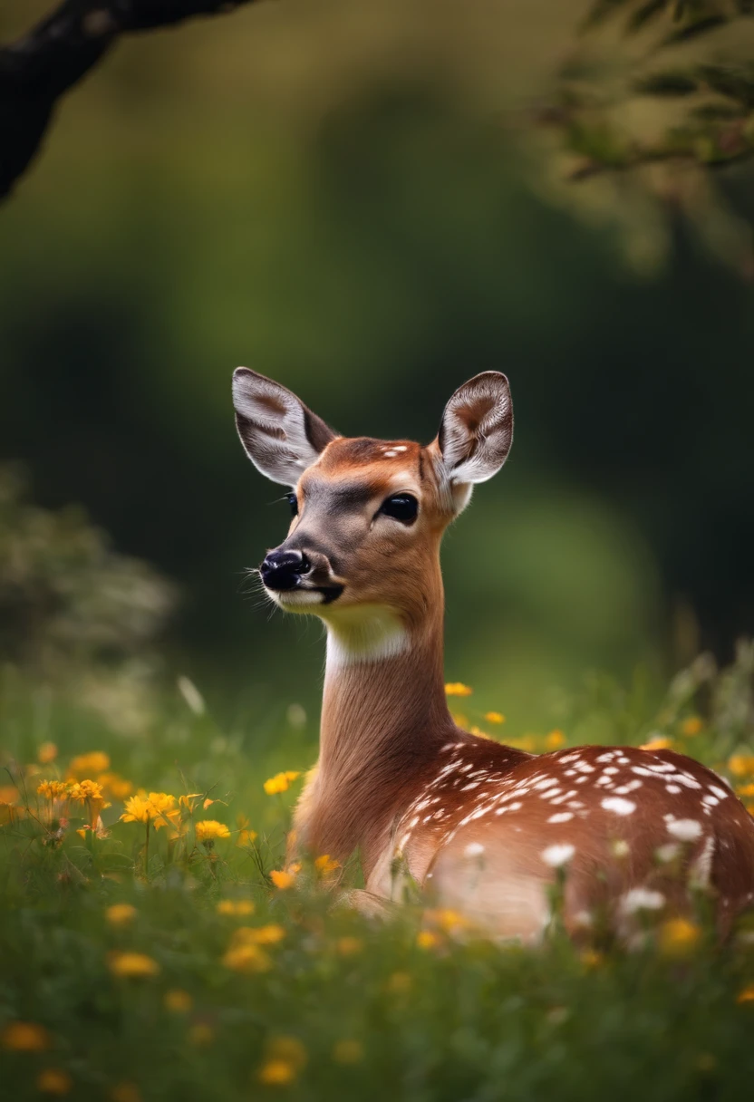 A cute little sika deer is lying on the grass full of flowers, looking to the left