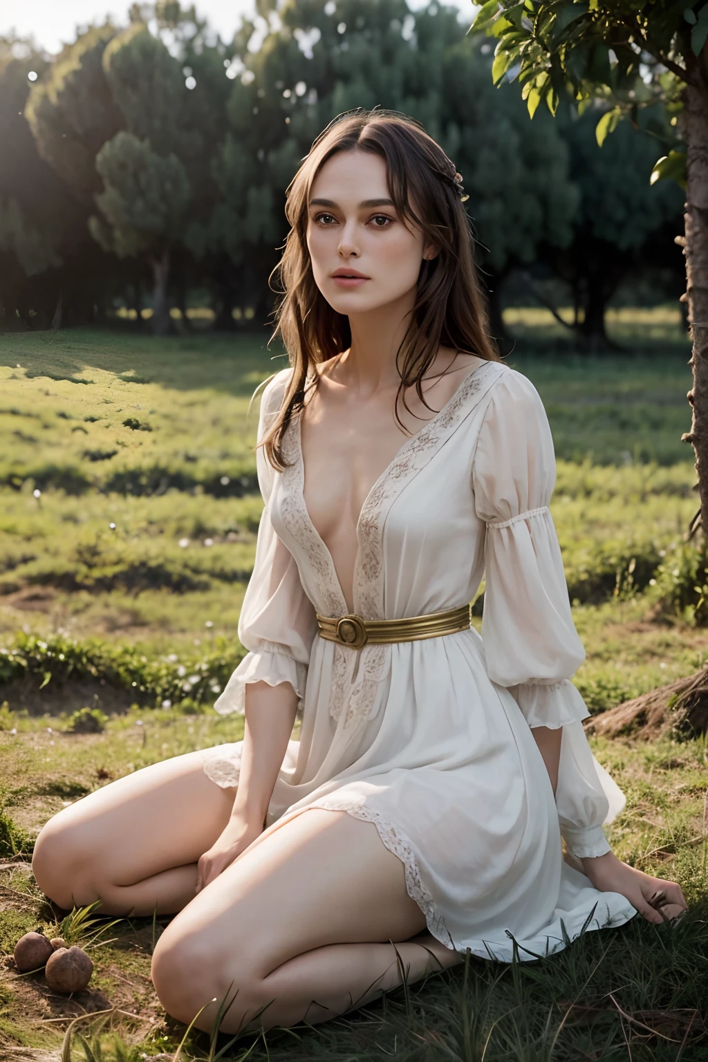 Keira Knightley,Medieval period,campos de trigo, simples atrai, sentada, a beira do riacho .cena de filme apaixonada e sensual refletindo  com  a natureza