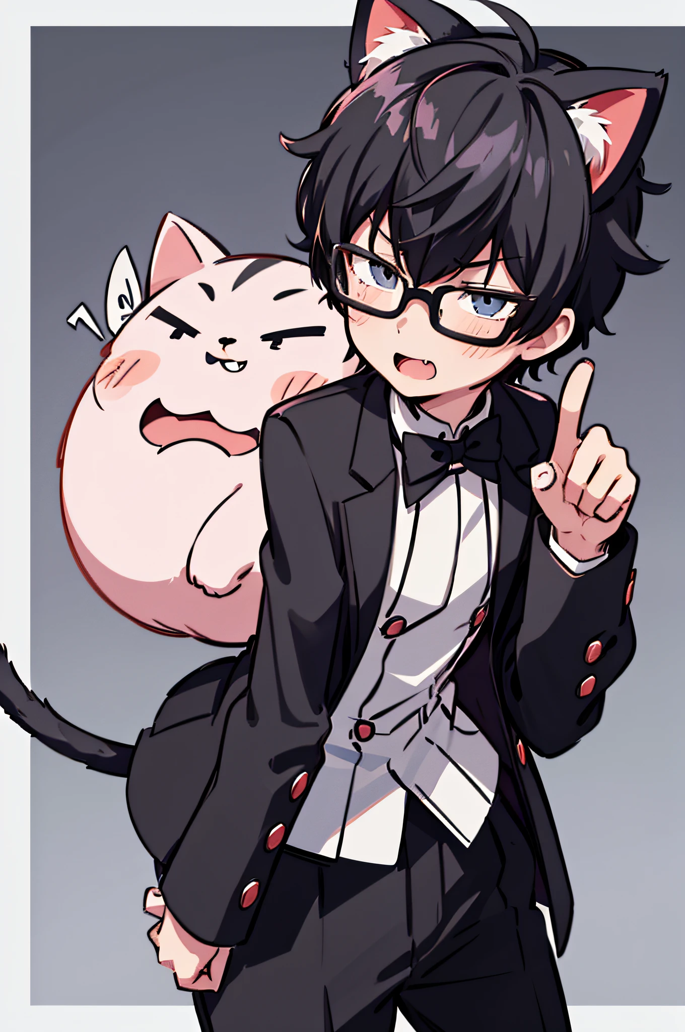 1 boy, male, smug face, cat ears, cat tail, cat outift, Ren Amamiya, glasses, smug pose, (masterpiece), best quality, expressive eyes, perfect face, smug, open mouth, Full Color, Detail, 8K, 4K, High Resolution, Symmetrical, Extraordinary, Best Aesthetics, black clothes