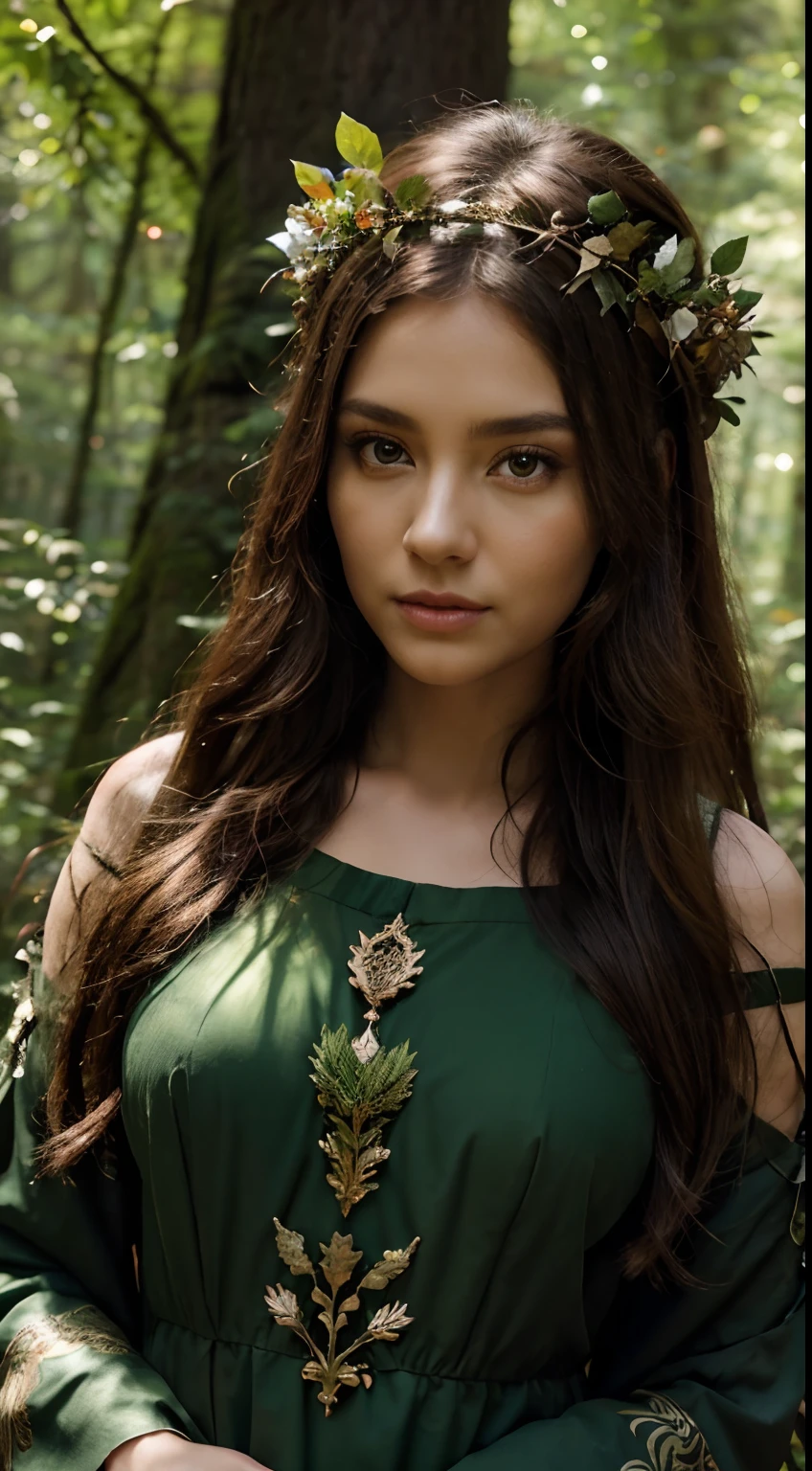 high quality, 8K Ultra HD, high detailed, beautiful Forest Guardian, In the heart of an ancient forest, beautiful the Forest Guardian stands as a protector of nature's secrets, Her attire echoes the elements of the forest, adorned with leaves, vines, and woodland symbols, A crown of flowers rests atop her head, symbolizing her connection to the natural world, Her gaze is serene yet powerful, exuding the wisdom of the forest, The forest comes alive around her, with woodland creatures and magical spirits emerging from the foliage, The color palette is a mix of earthy tones, greens, and warm browns, creating a harmonious blend with the forest's vibrant hues, by yukisakura, awesome full color,