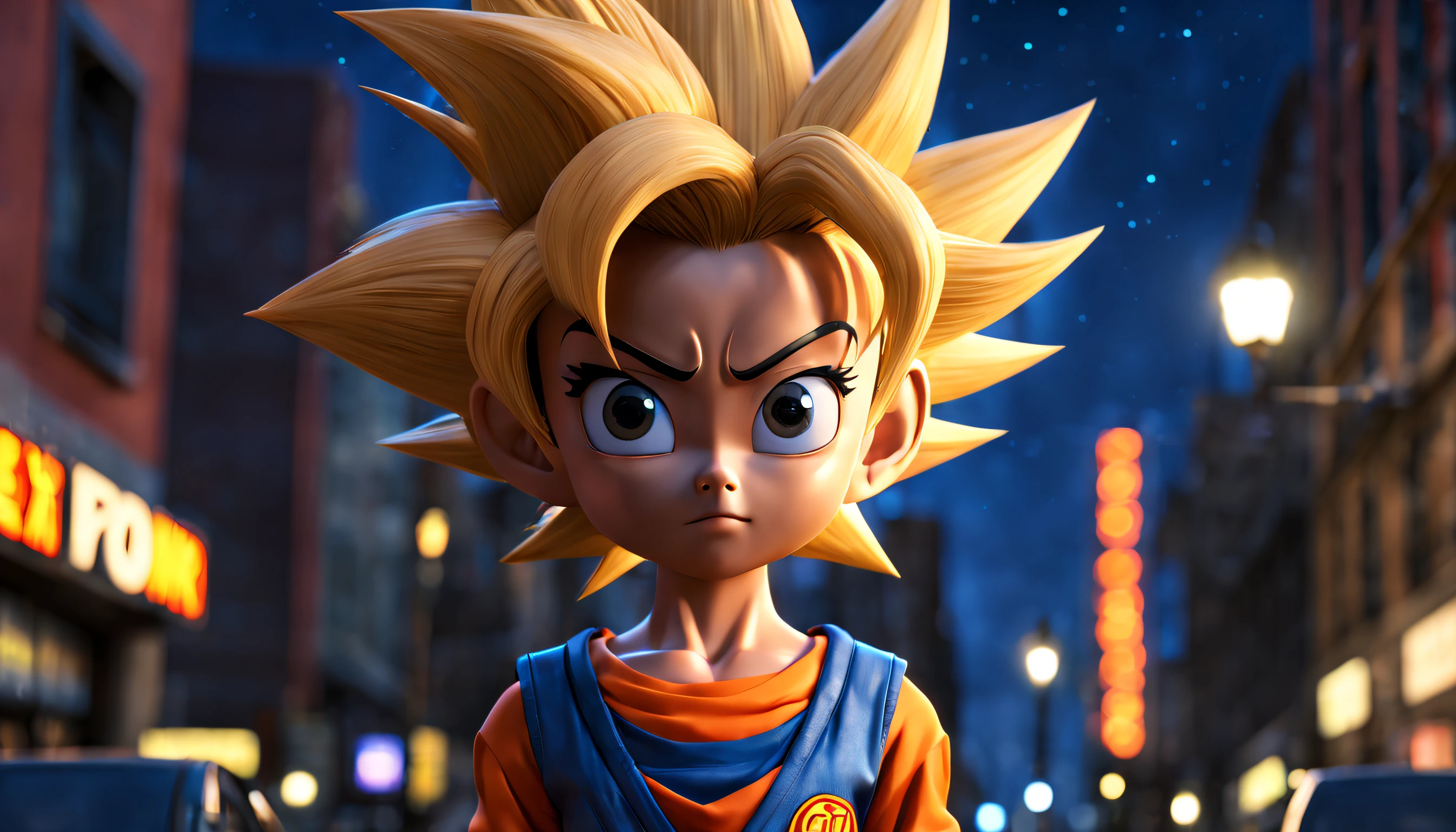 estilo 3D pixar, Goku Woman , na cidade a noite, lighting cinema, super detalhado, HDR, cores vivas, Foto RAW, cinematografic 16:9