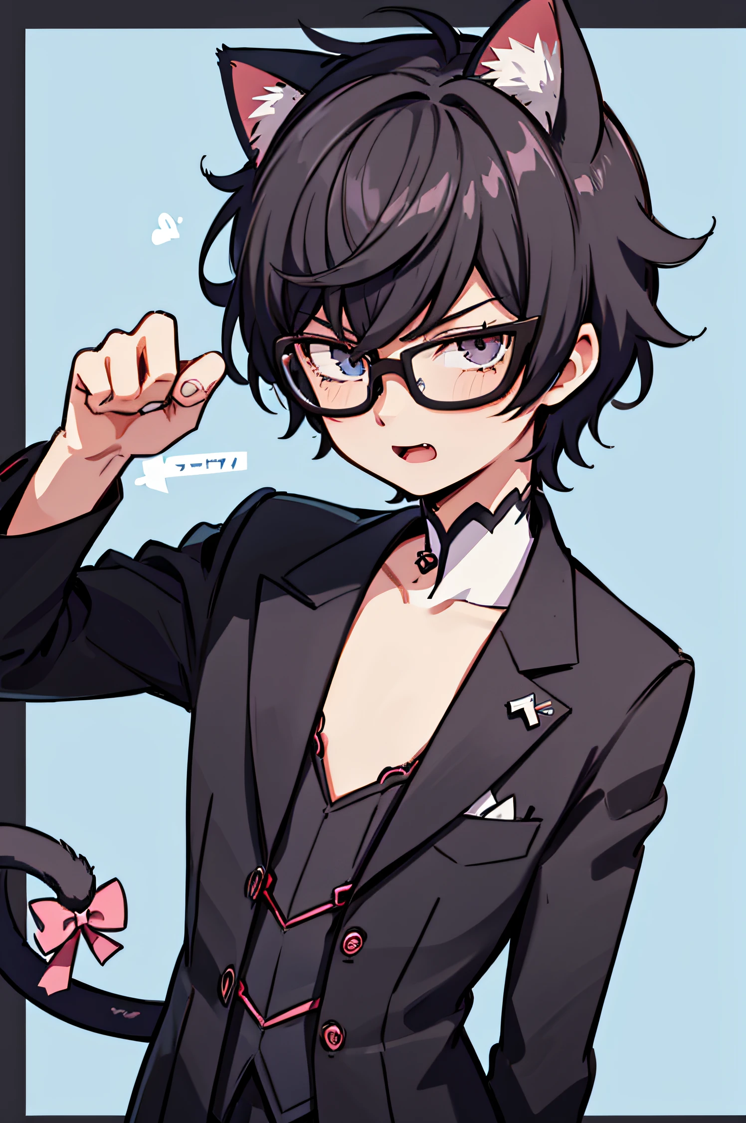 1 boy, male, smug face, cat ears, cat tail, cat outift, Ren Amamiya, glasses, smug pose, (masterpiece), best quality, expressive eyes, perfect face, smug, open mouth, Full Color, Detail, 8K, 4K, High Resolution, Symmetrical, Extraordinary, Best Aesthetics, black clothes