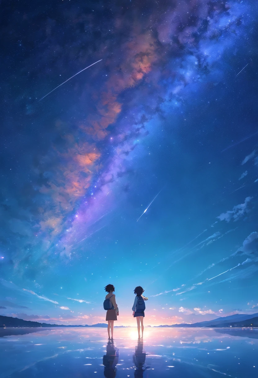 （（Long-range shots））tmasterpiece，Best Quality，nigth， A woman who says，Facing away from the audience，Look at the stars 。Stand in the middle of a salt lake，The surface of the water is like a mirror，Reflecting the sky。The Milky Way is in the sky。