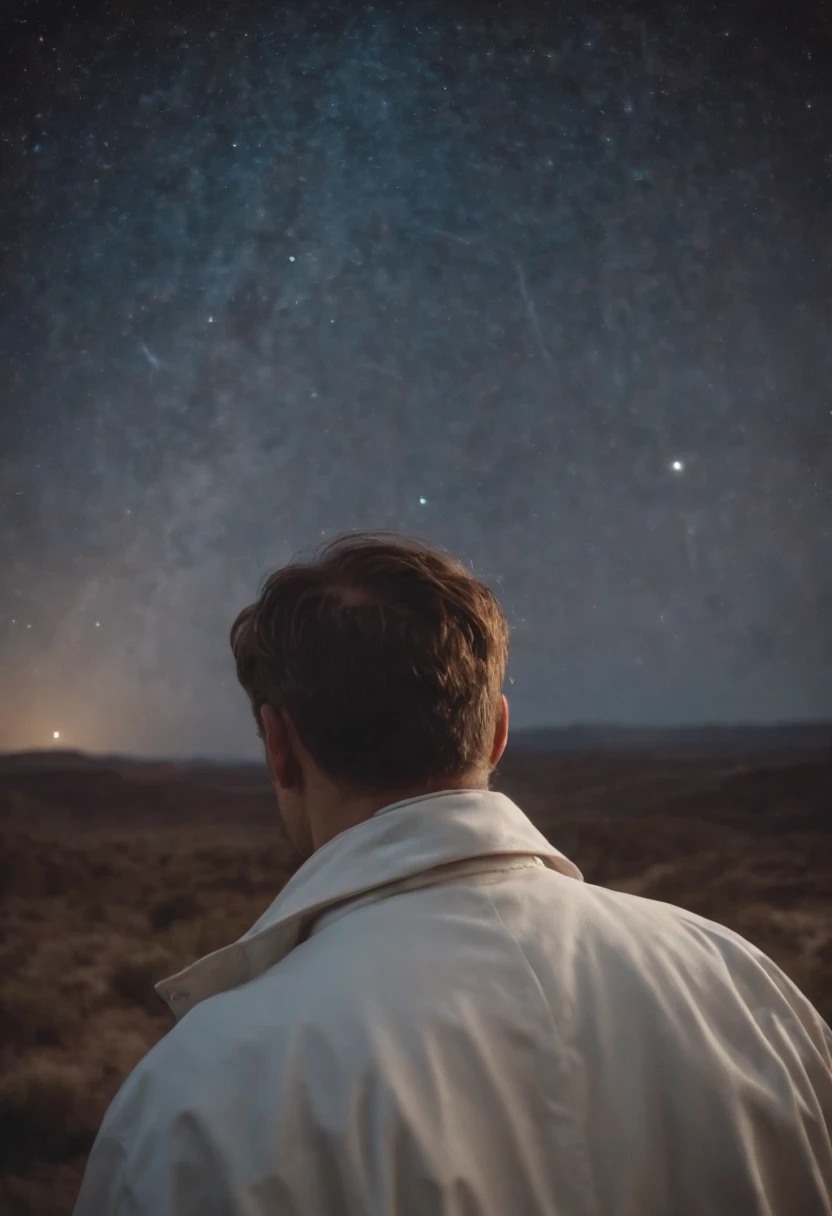 A scientist in a scientific coat turned his back to us,looking at the stars,