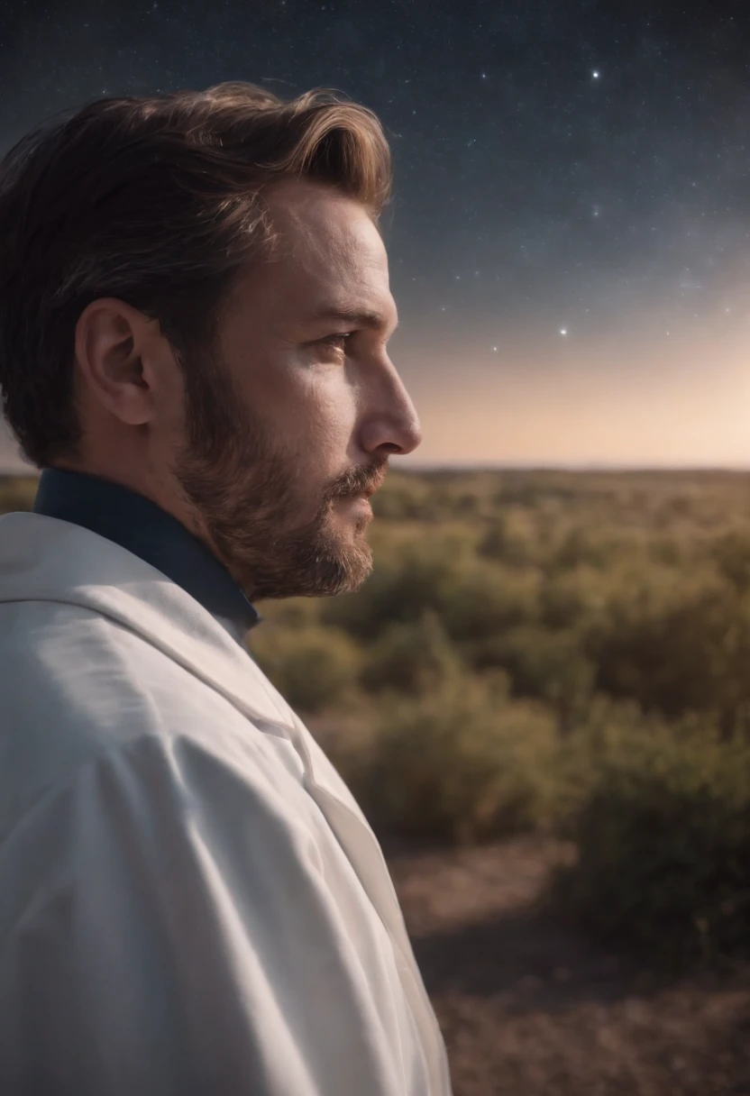 A scientist in a scientific coat turned his back to us,looking at the stars,