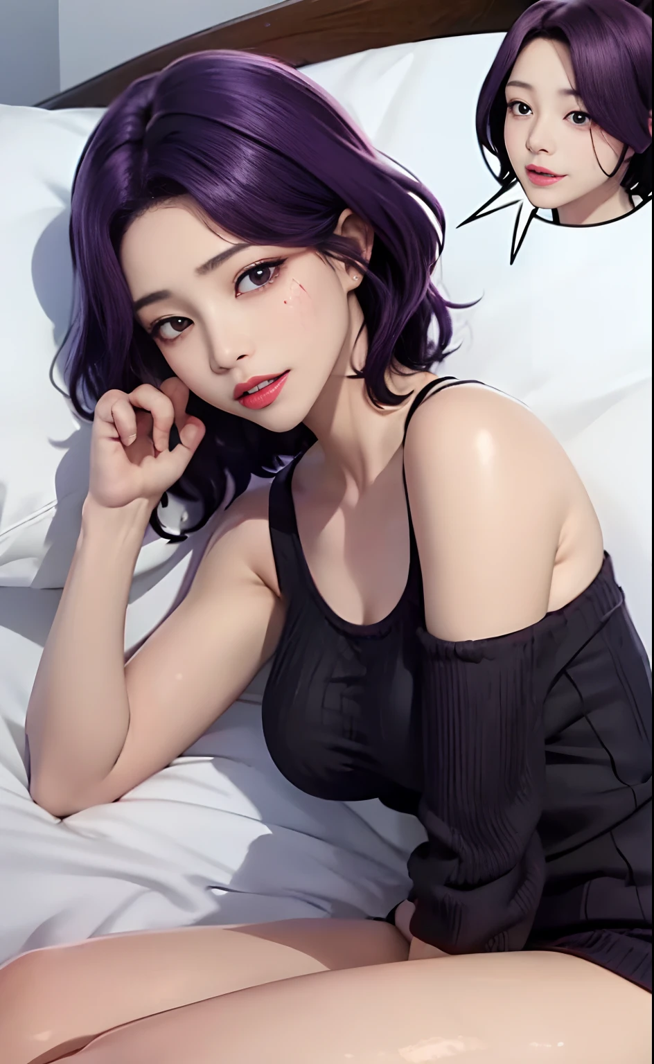 ​masterpiece, (top-quality), 1womanl, ,Hamaoka_azusa, purple color  hair, a purple eye,Medium Hair,Female sexy, 鎖骨,top-quality,Sweaters,bare shoulders​, vivd colour, natural soft light,nffsw,, Beautiful fece, (详细的脸:1.2), showcase, (perfect  eyes:1.1) ,(Photorealsitic:1.1), 8K , looking at the viewers, 细致背景、Beautiful legs、Invite men,A MILF、Woman lying on her back in bed、Hold your head with both hands、Open mouth、Crying face、Open door,(steam,Sweat,Lower grade)、Detailed people、A detailed face