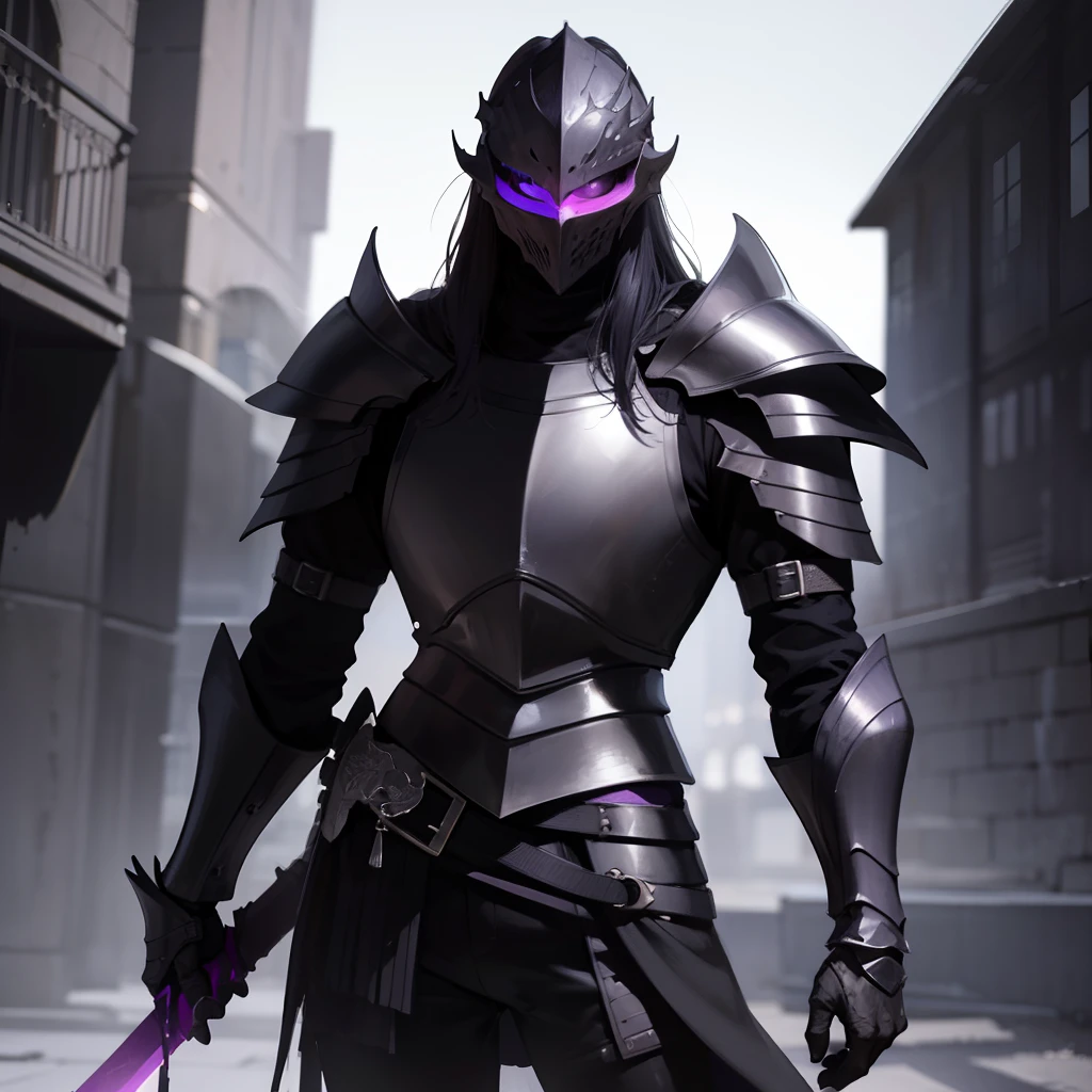 I dress like a knight with full black armor with A Purple make above my helmet eye.With a sword in my hip