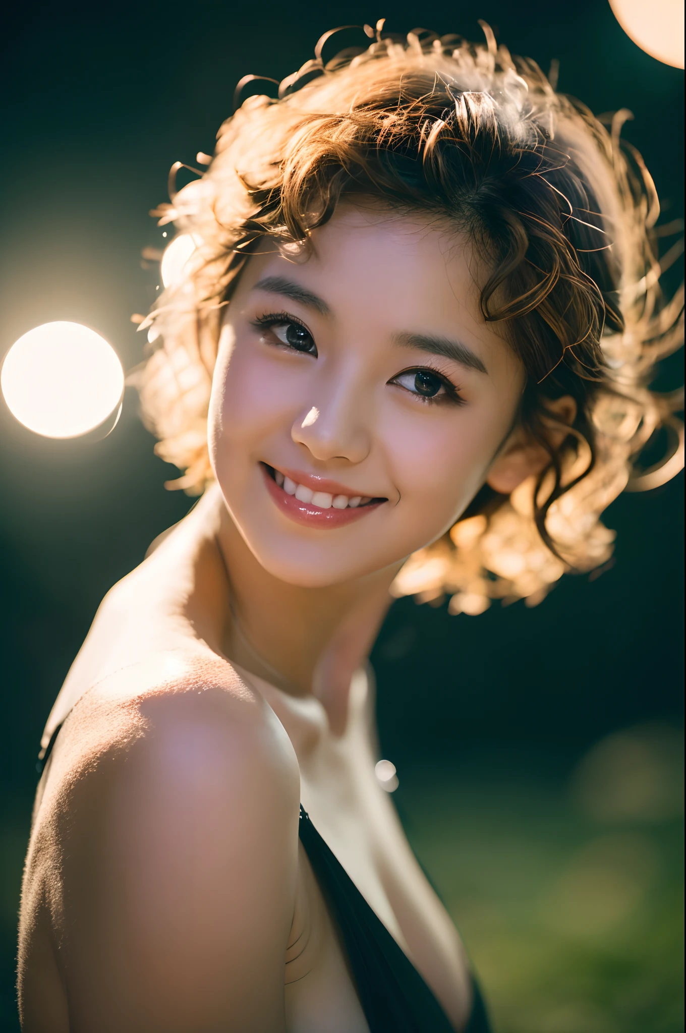 Photo portrait of a pensive asian woman with sparkling eyes, about 20 years old, ((white short curly hair), (((upper body, medium breast))),masterpiece, best quality, 8K, HDR, highres, absurdres:1.2,Kodak Ektar 100,detailed skin,   dark background,  eye level, looking at viewer, Moonlit . 35mm photograph, film, bokeh, professional, 4k, highly detailed, Smiling happily,in the style of Nathan Wirth