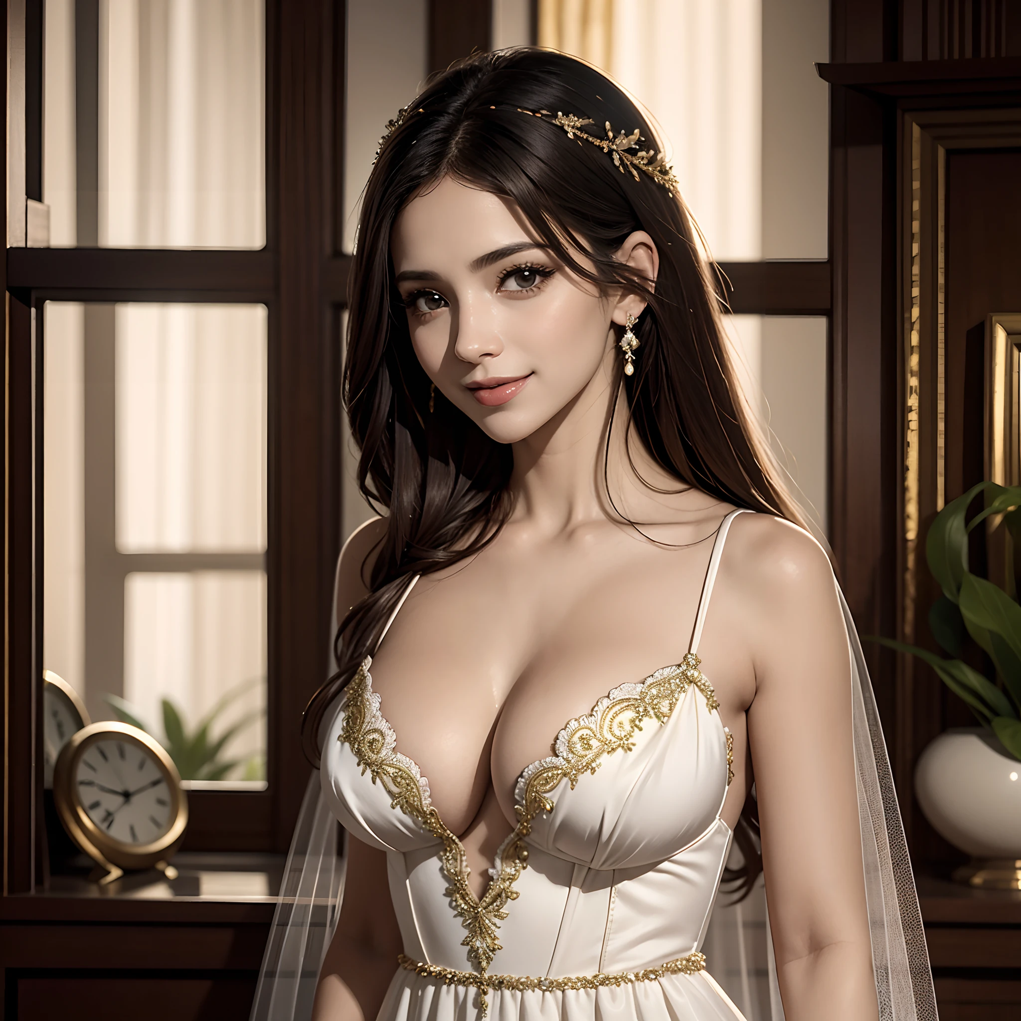 Uma bela donzela com longos cabelos e sorriso modesto, vestido de um tecido fino e transparente, apoiando-se no peitoril da janela, Romantic Painting Style, cores suaves, Realistic details, Dress with breathtaking sensual details, riqueza de detalhes, imagem ultra realista, um belo par de seios fartos e salientes