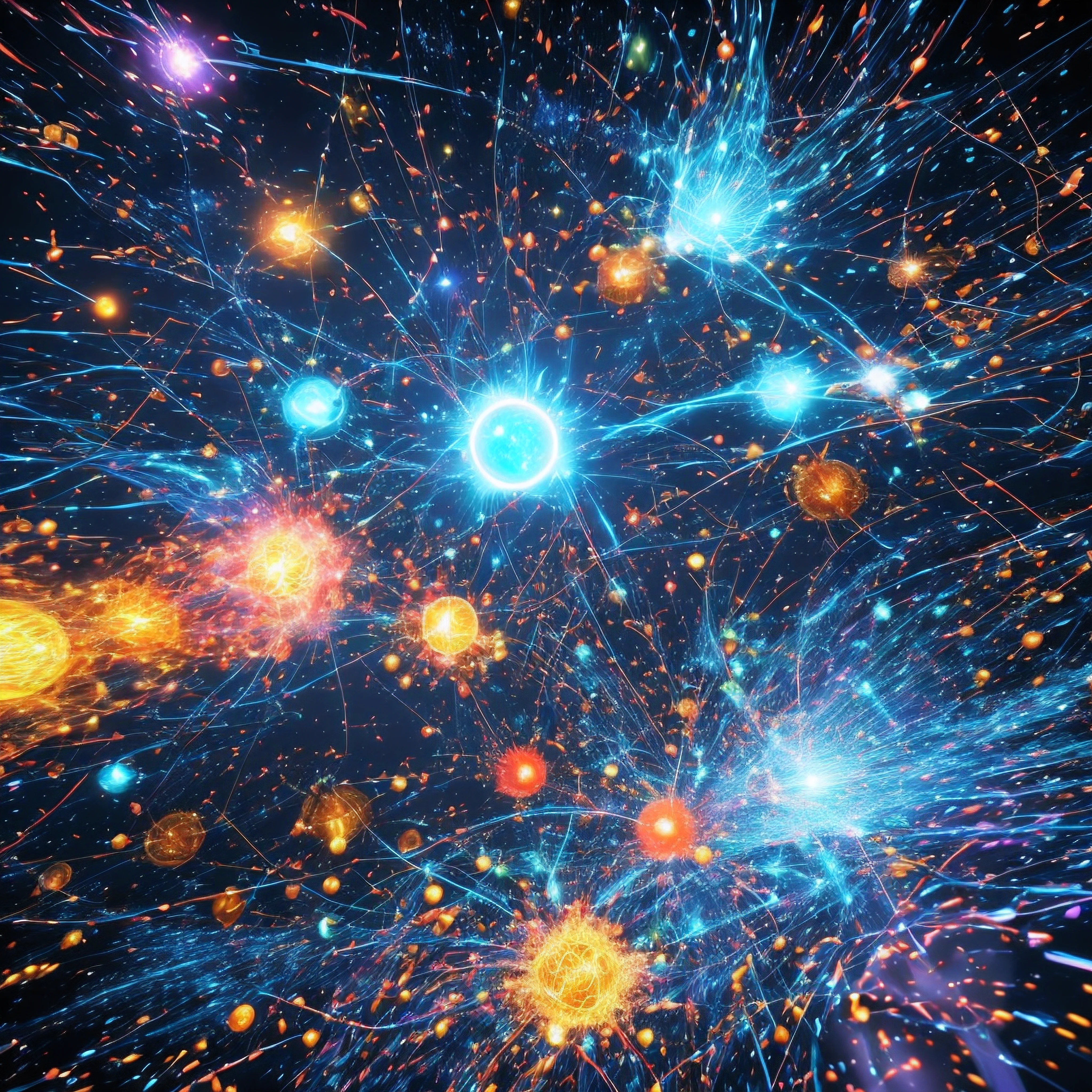 Zooming into the nanoscale realm reveals the fire's true dance of atoms and electrons. Here, individual molecules sway and collide at blinding speeds, guided by probabilistic quantum motions.
Oxygen molecules vibrate and rotate wildly, frequently splitting into highly reactive atomic oxygen. Meanwhile, the intense heat shreds hydrocarbons into fragments, freeing energetic electrons from their bonds.
Within billionths of seconds, chance atomic collisions ignite volatile reactions. Electrons jump between molecular orbits, releasing photons that spark chain reactions. Atoms rearrange into transient structures that immediately decay and reform.
On this scale, fire is a swirling particle mosh pit, with electrons and ions ricocheting off one another continuously. Photons zip through the chaos, getting absorbed and reemitted in quantum leaps. Molecular bonds flicker into existence, break, and reconfigure at femtosecond rates.
Each microscopic point in the flame is alive with quadrillions of atomic interactions every second. While governed by the laws of physics, the system dynamics are so enormously complex that the nanoscale fire dances to unpredictable rhythms, always evolving new structures from the quantum chaos.