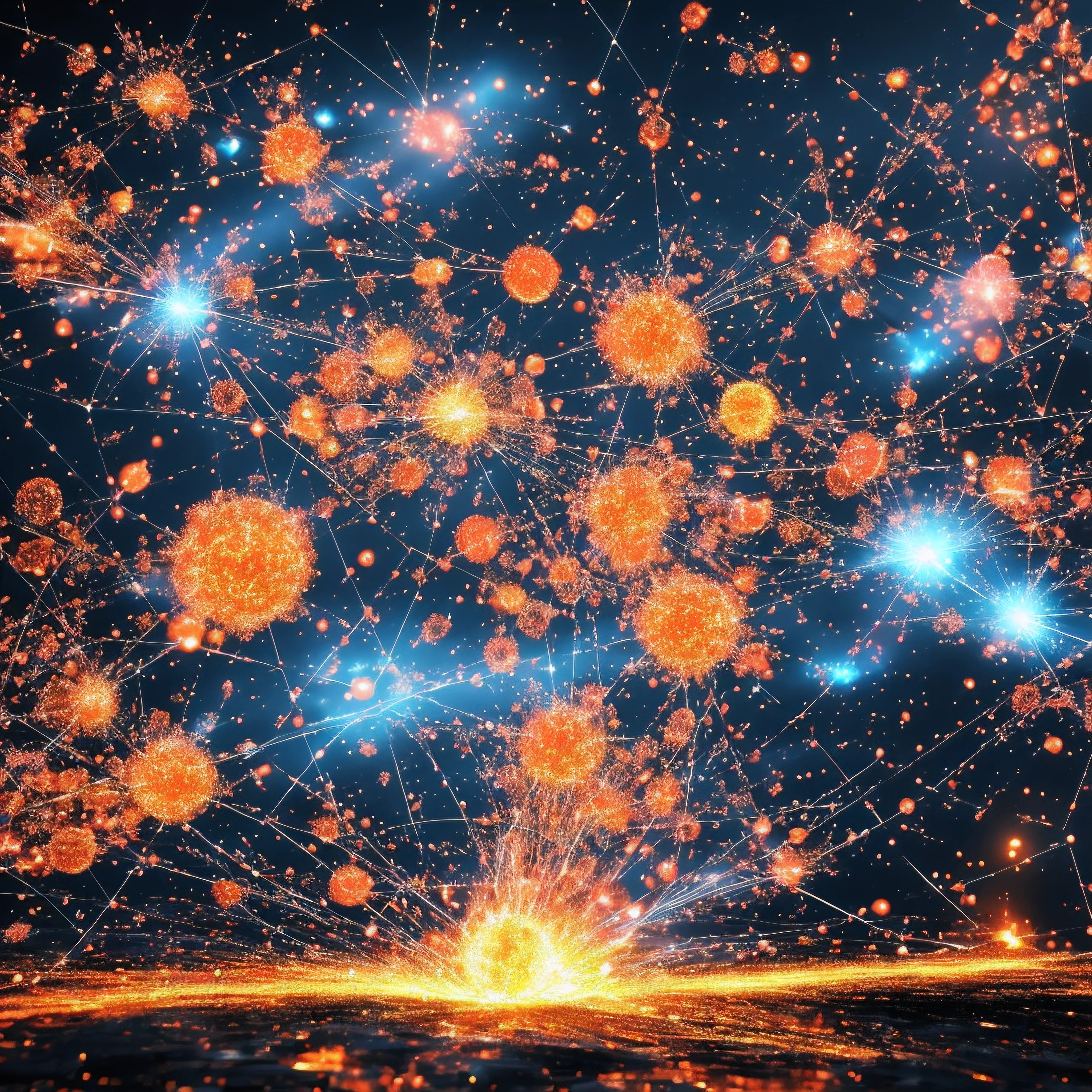 Zooming into the nanoscale realm reveals the fire's true dance of atoms and electrons. Here, individual molecules sway and collide at blinding speeds, guided by probabilistic quantum motions.
Oxygen molecules vibrate and rotate wildly, frequently splitting into highly reactive atomic oxygen. Meanwhile, the intense heat shreds hydrocarbons into fragments, freeing energetic electrons from their bonds.
Within billionths of seconds, chance atomic collisions ignite volatile reactions. Electrons jump between molecular orbits, releasing photons that spark chain reactions. Atoms rearrange into transient structures that immediately decay and reform.
On this scale, fire is a swirling particle mosh pit, with electrons and ions ricocheting off one another continuously. Photons zip through the chaos, getting absorbed and reemitted in quantum leaps. Molecular bonds flicker into existence, break, and reconfigure at femtosecond rates.
Each microscopic point in the flame is alive with quadrillions of atomic interactions every second. While governed by the laws of physics, the system dynamics are so enormously complex that the nanoscale fire dances to unpredictable rhythms, always evolving new structures from the quantum chaos.