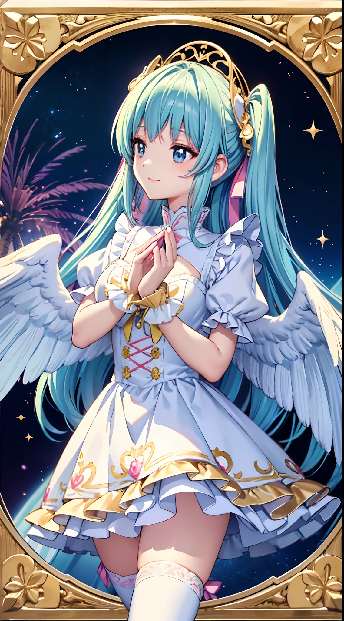 Big big wings of iridescent angel、1 kawaii girl、adorable smiling、Light blue long hair、Twin-tailed、In colorful angel costume in white and yellow and red and pink ta style、Lots of frills、((top-quality))、((masterpiece))、(ighly detailed、highestdetailed、Official art、Beautifully Aesthetic:1.2)