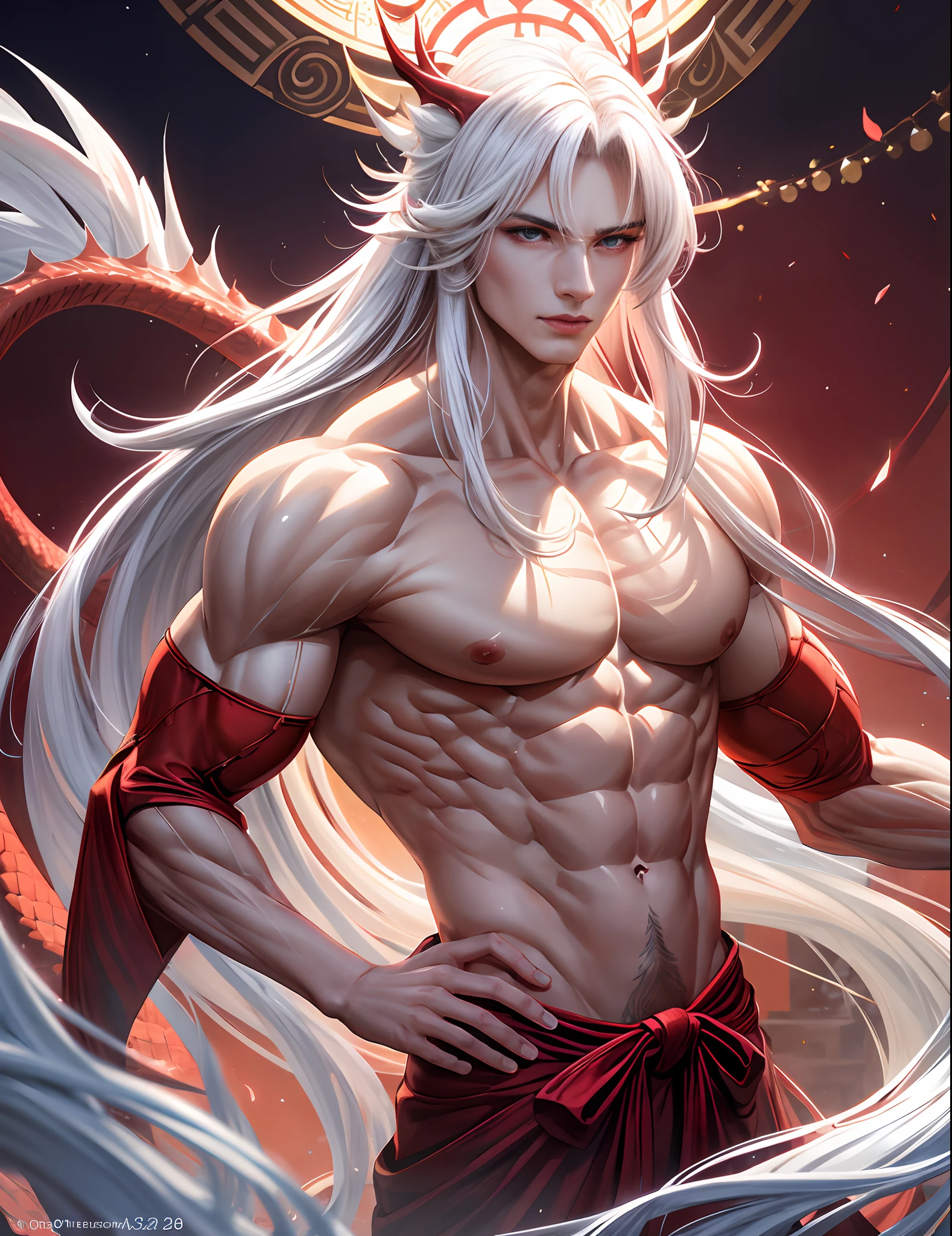 1guy, gorgeous crimson dragon male with masculine features, stunning long white hair, yukata, heterochromic eyes, white and red tetradic colors, perfect anatomy, seductive eyes, 8k resolution, (Single person), masterpiece, perfect face:1.2), intricate details, castle detailed background, 32k, covered navel, full lips, muscular guy, cinematic lighting,