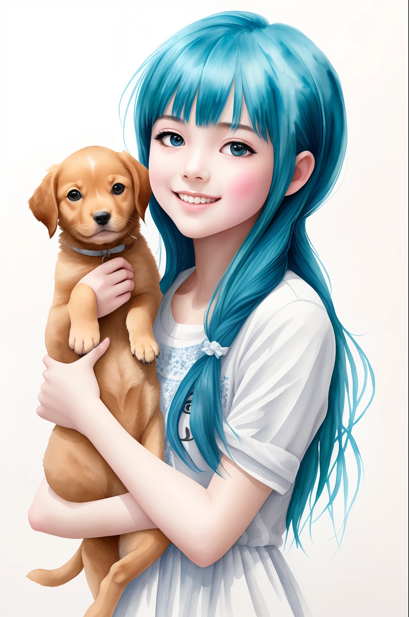 high detal、hyper-detailing、Ultra high resolution A cute and innocent girl，Gamine，Holding a puppy in his hand，warm sun sprinkling on her，It adds to the playful atmosphere，Girl with blue hair，Two-dimensional style，watercolor paiting，White young